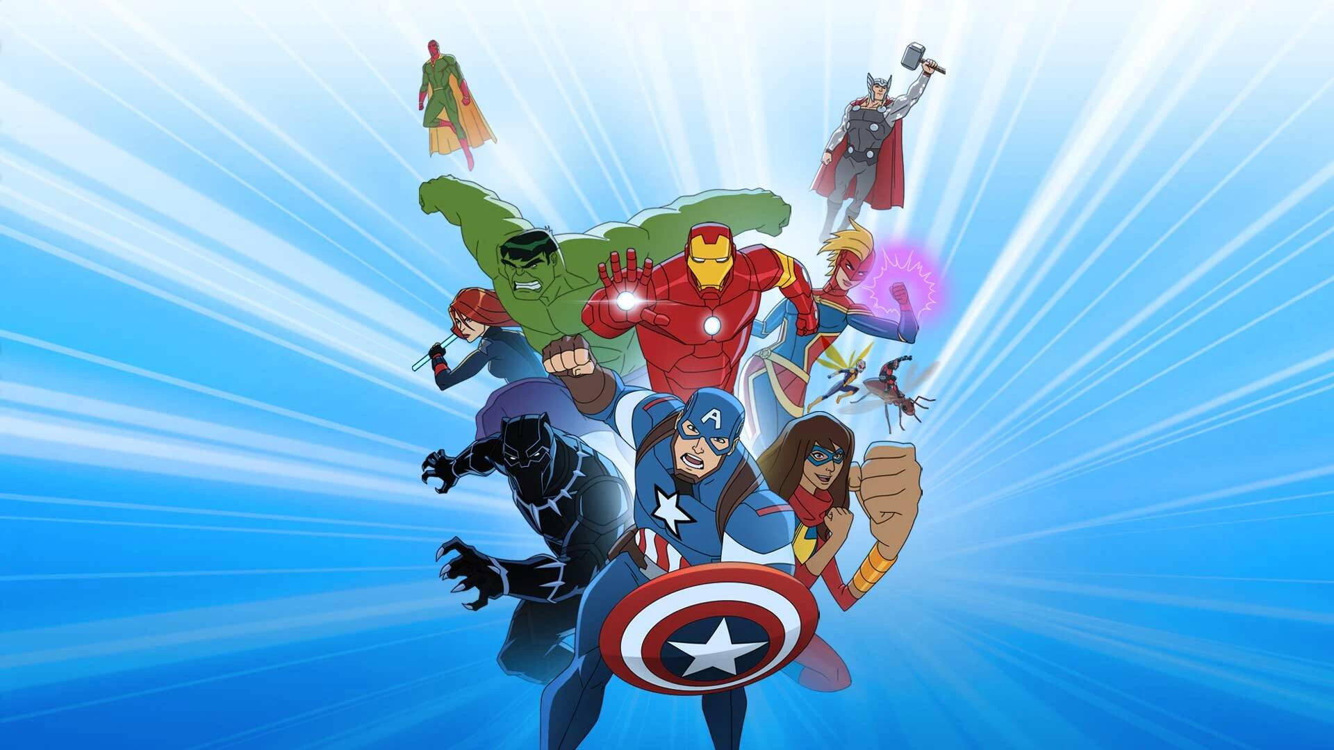 Marvel's Avengers Assemble HD PC desktop wallpaper: Iron Man, Captain America, Hulk, Thor, Black Panther, Black Widow, Ms. Marvel and Vision bursting forward on blue radiating rays.