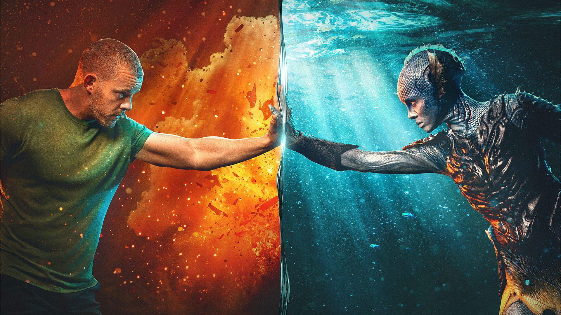 HD PC desktop wallpaper The War Between the Land and the Sea: a human and an aquatic warrior press hands across a fiery land versus blue underwater divide, a dramatic elemental standoff.