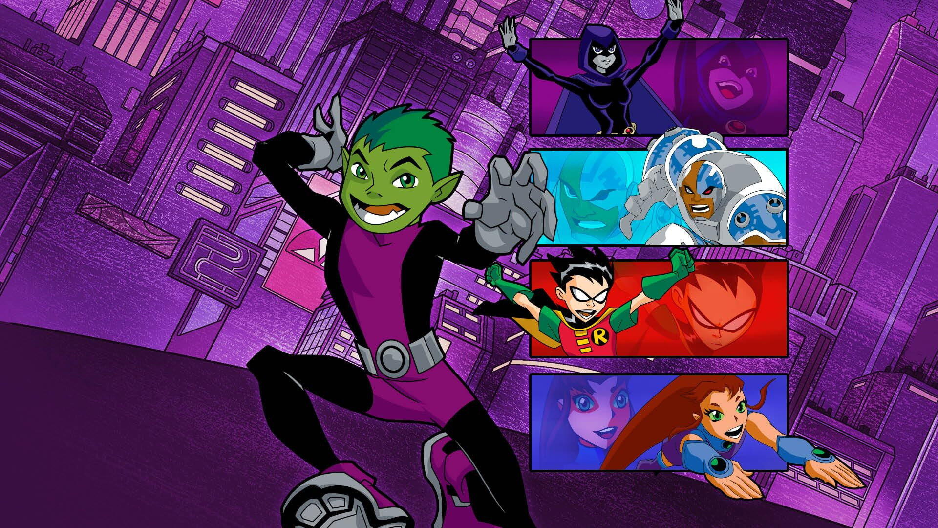 Teen Titans HD PC desktop wallpaper and background: Beast Boy, Raven, Robin, Starfire and Cyborg in dynamic comic-style poses against a purple cityscape.