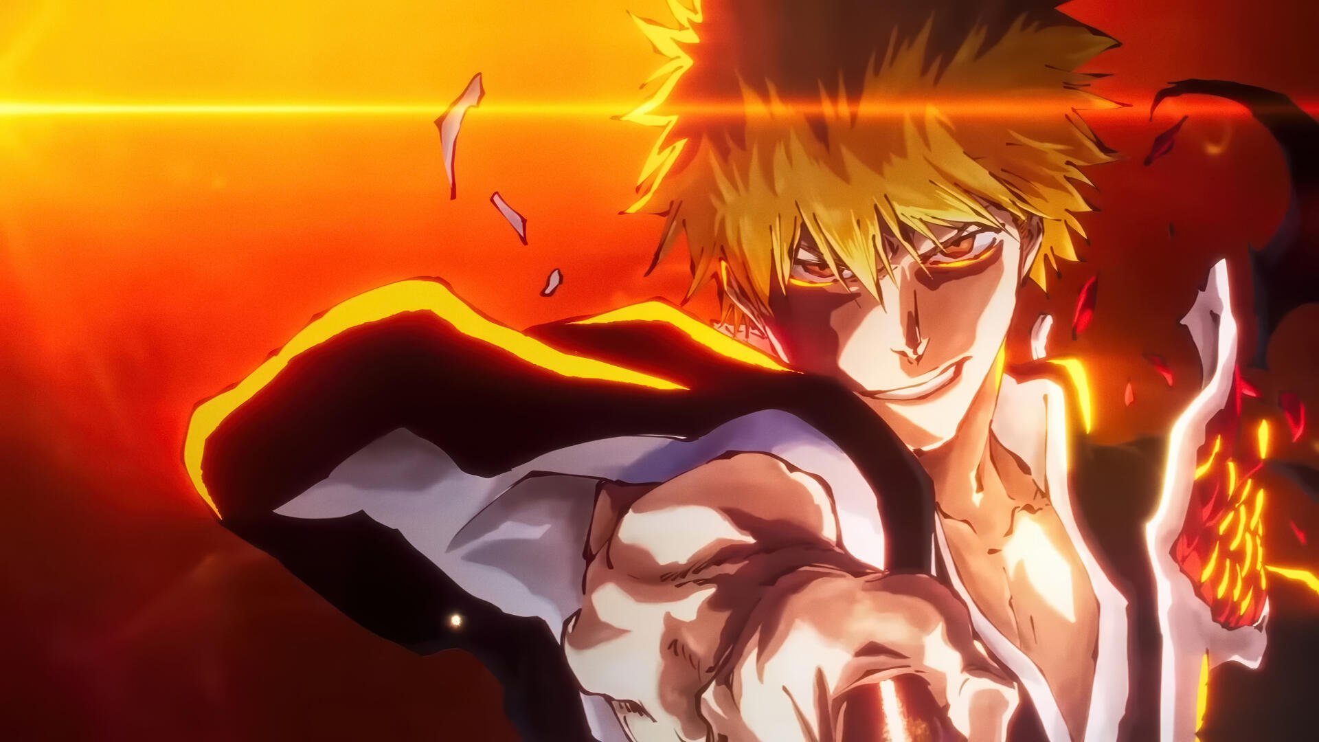 Bleach: Thousand-Year Blood War 4K Ultra HD PC wallpaper — Ichigo lunges forward with fierce gaze, orange flames and shards backlighting him.
