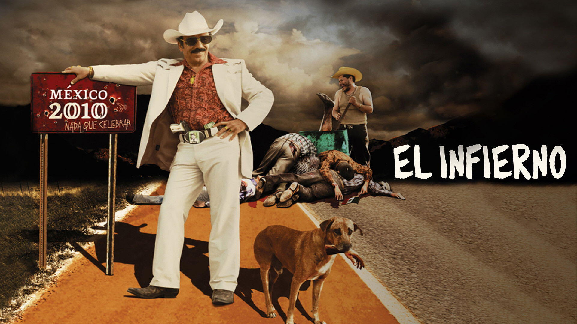HD PC desktop wallpaper background: gritty El Infierno scene with a mustached man in a white suit and cowboy hat by a Mexico 2010 sign, dogs and battered figures on a smoky road.