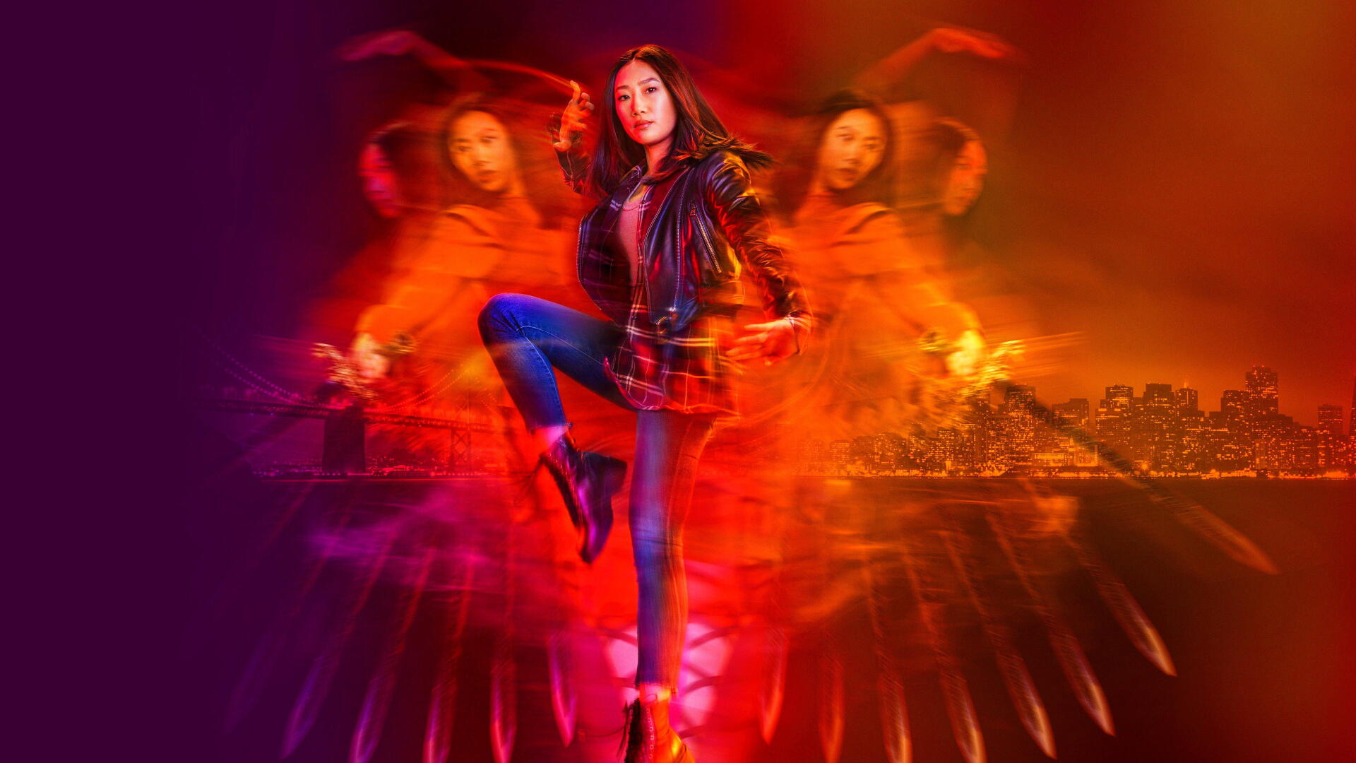 4K Ultra HD PC desktop wallpaper/background for Kung Fu (TV Show): protagonist mid-kick with layered motion-blur figures against a fiery red-orange skyline.