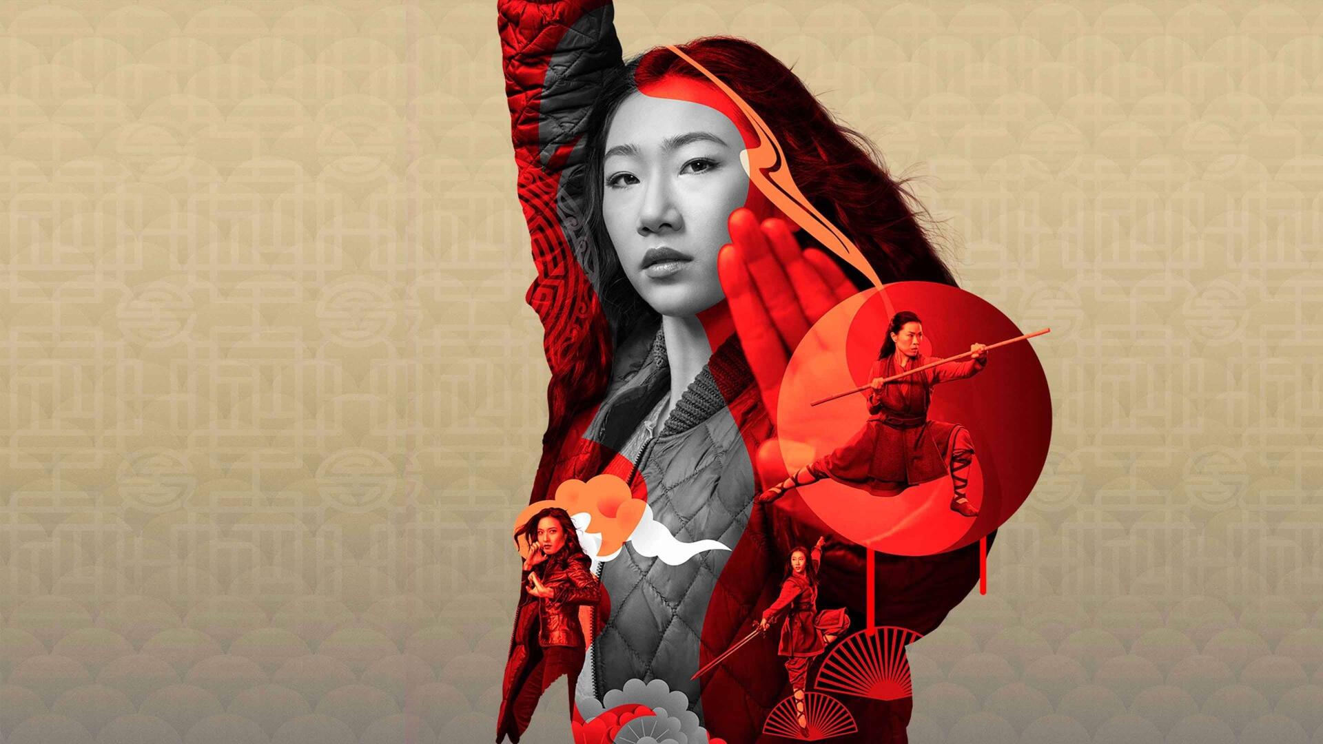 4K Ultra HD PC desktop wallpaper/background for Kung Fu (TV Show): central red-toned portrait of the lead, layered with circular action vignettes on a beige backdrop.