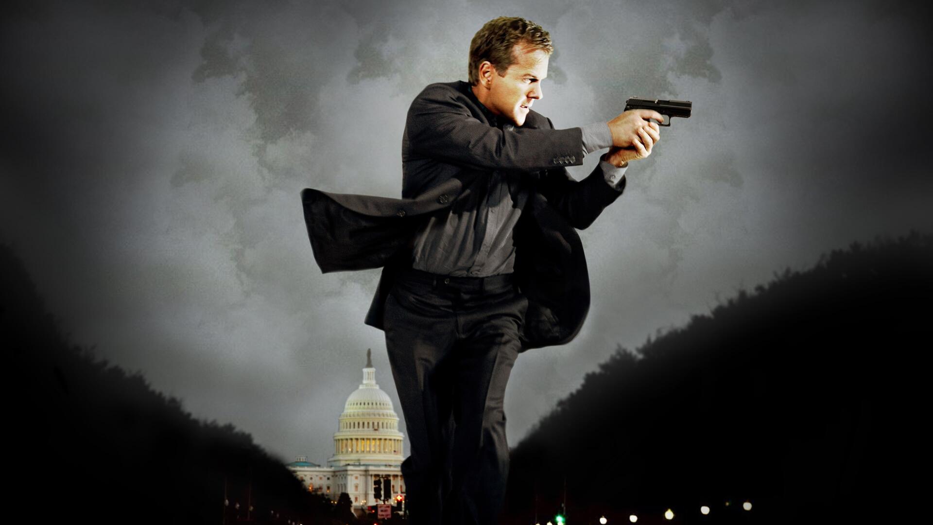 Tag 24 — 4K Ultra HD PC desktop wallpaper and background: a suited man aiming a handgun while running above a lit capitol building beneath a stormy, dramatic sky.