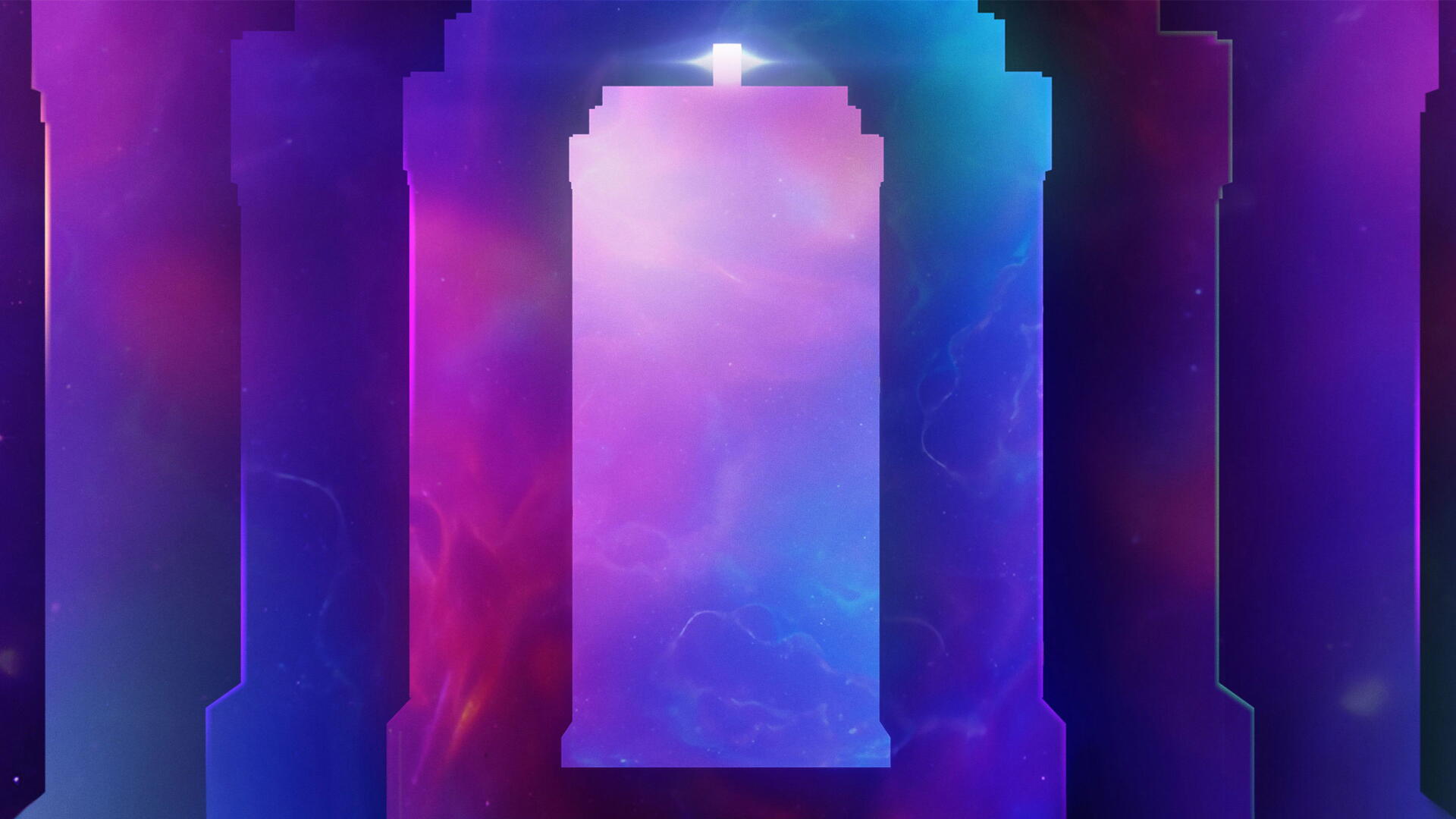 Doctor Who (2023) 4K Ultra HD PC wallpaper: glowing TARDIS-shaped doorway framed by layered arches against swirling purple, blue and magenta nebula light.