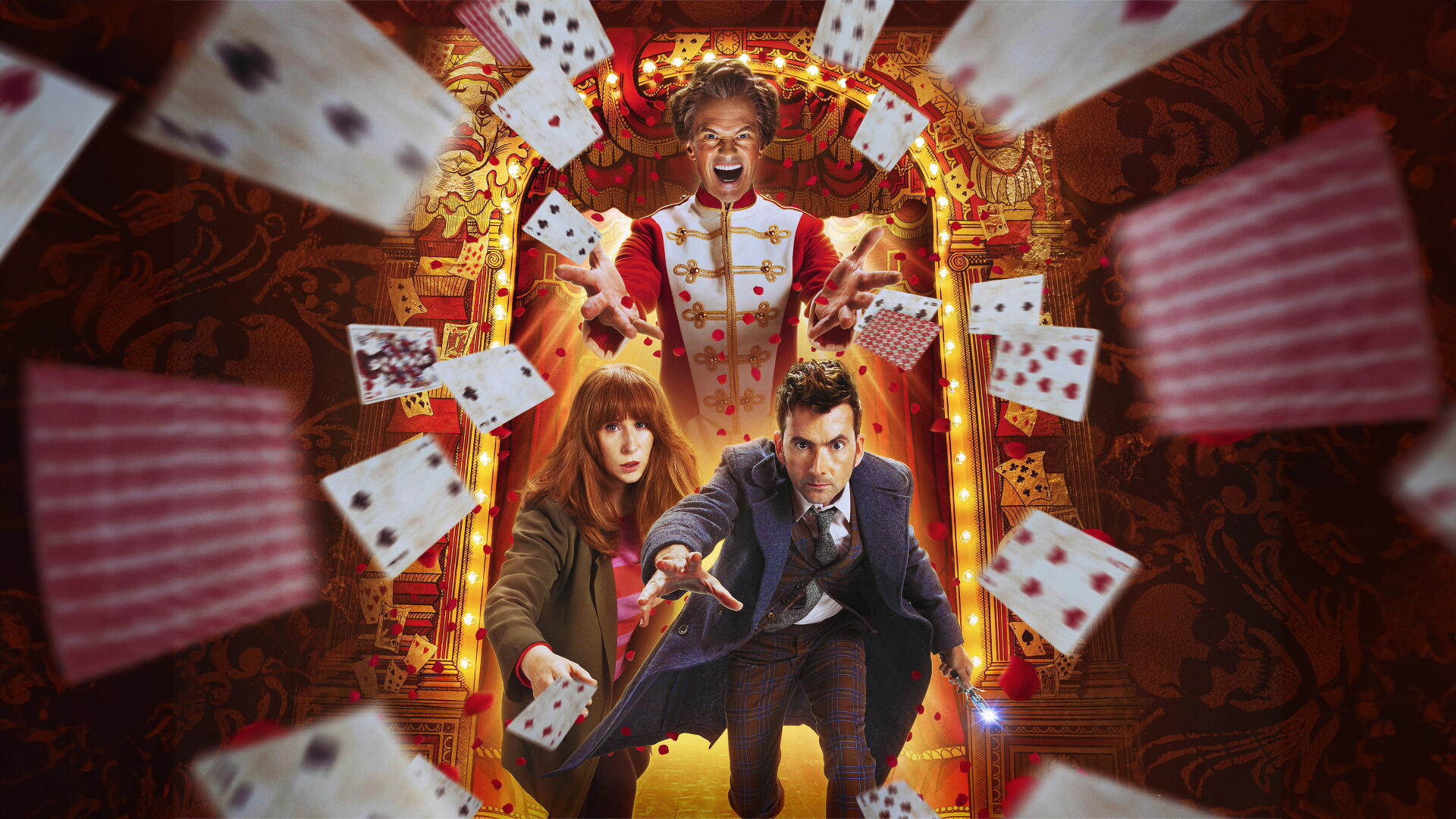 Doctor Who (2005) 4K Ultra HD PC wallpaper: the Tenth Doctor lunges forward with his companion, framed by a glowing carnival portal and swirling playing cards.