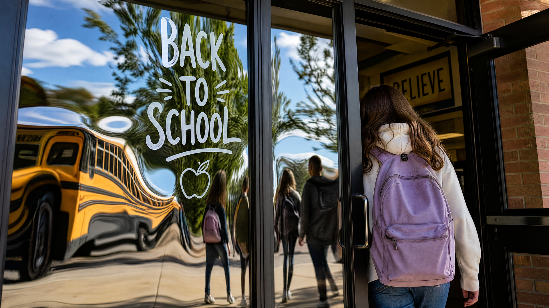 4K Ultra HD PC wallpaper: a student with a purple backpack approaches school doors bearing Back to School lettering, the yellow school bus and reflections visible in the glass.