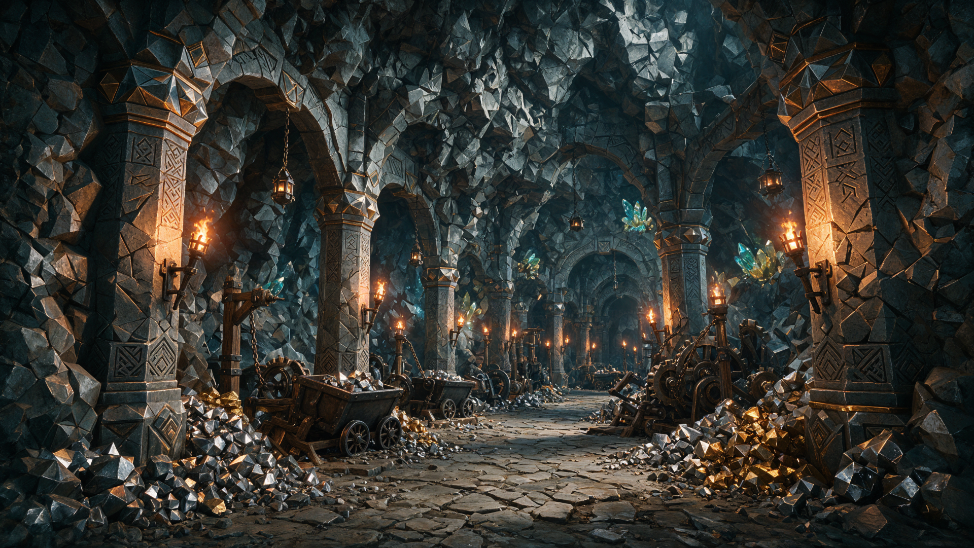 4K Ultra HD PC desktop wallpaper: dwarven mine cavern tunnel — torchlit stone pillars, crystal veins, mining carts and scattered ore in a shadowy dungeon cave corridor.