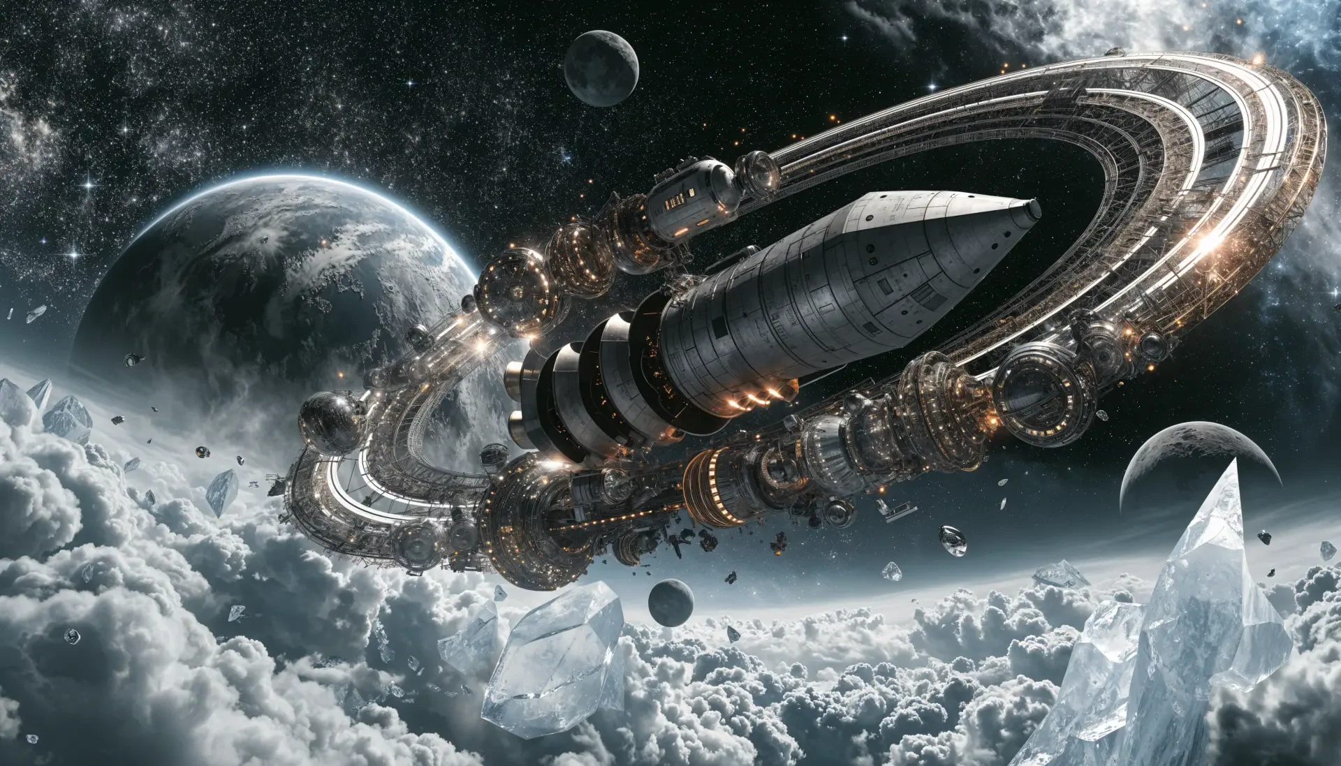 4K Ultra HD sci-fi PC desktop wallpaper: colossal ringed space station with a docked spaceship orbiting a cloud-covered planet, moons and distant stars in a dramatic space background.