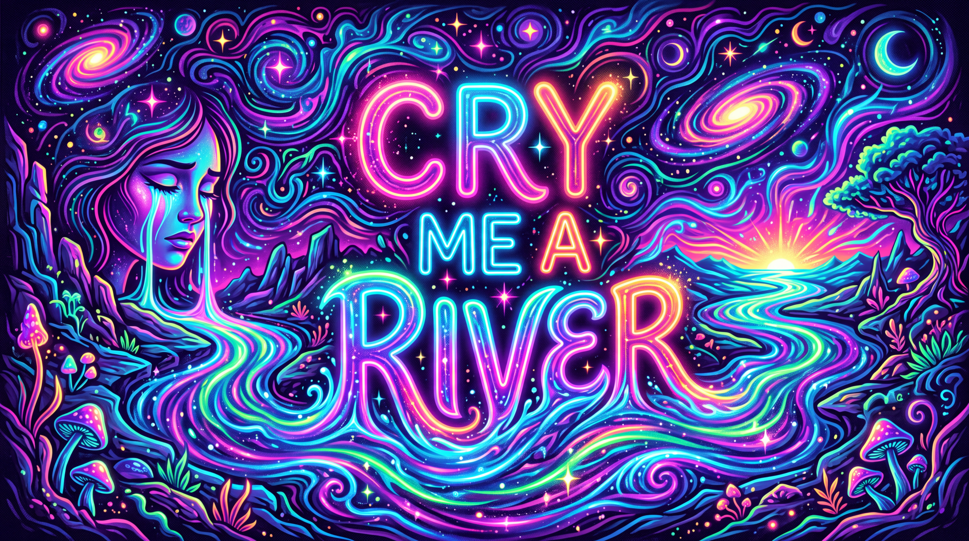 5K Ultra HD PC desktop wallpaper: neon abstract Cry Me a River—a woman's profile amid swirling galaxy rivers, stars and vivid psychedelic blues, pinks and purples.