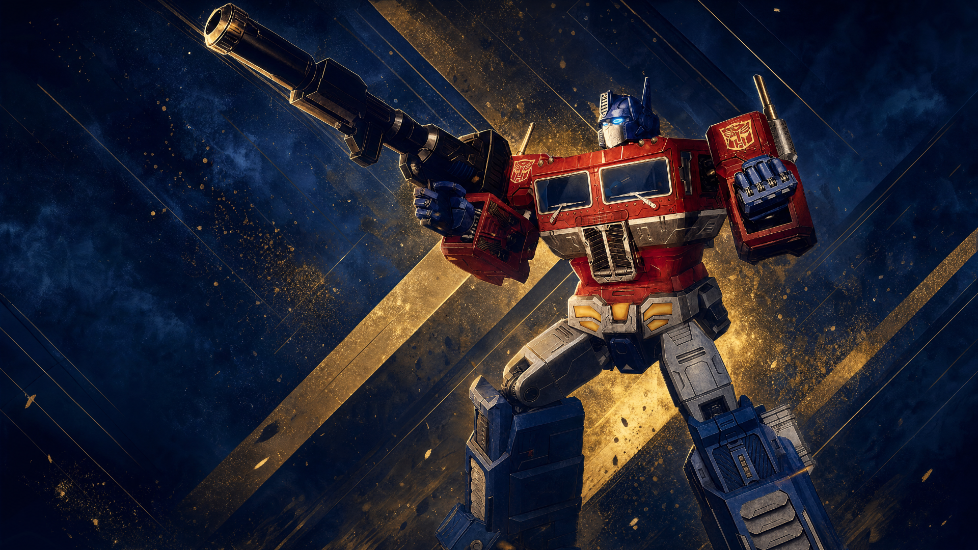 4K Ultra HD PC wallpaper for Transformers: Eternal War — red-and-blue Transformer mecha aims a blaster against a fiery, cosmic battle backdrop.