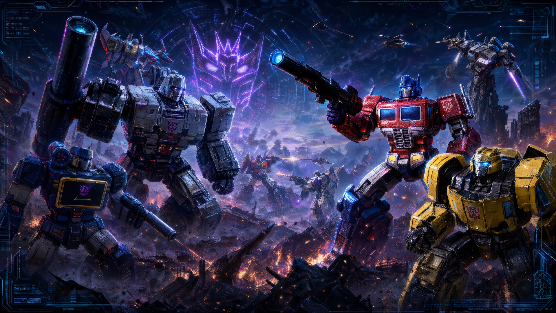 Transformers: Eternal War video game 4K Ultra HD PC wallpaper — epic battlefield with Optimus Prime, Bumblebee and Megatron clashing amid explosions and a glowing Decepticon emblem.