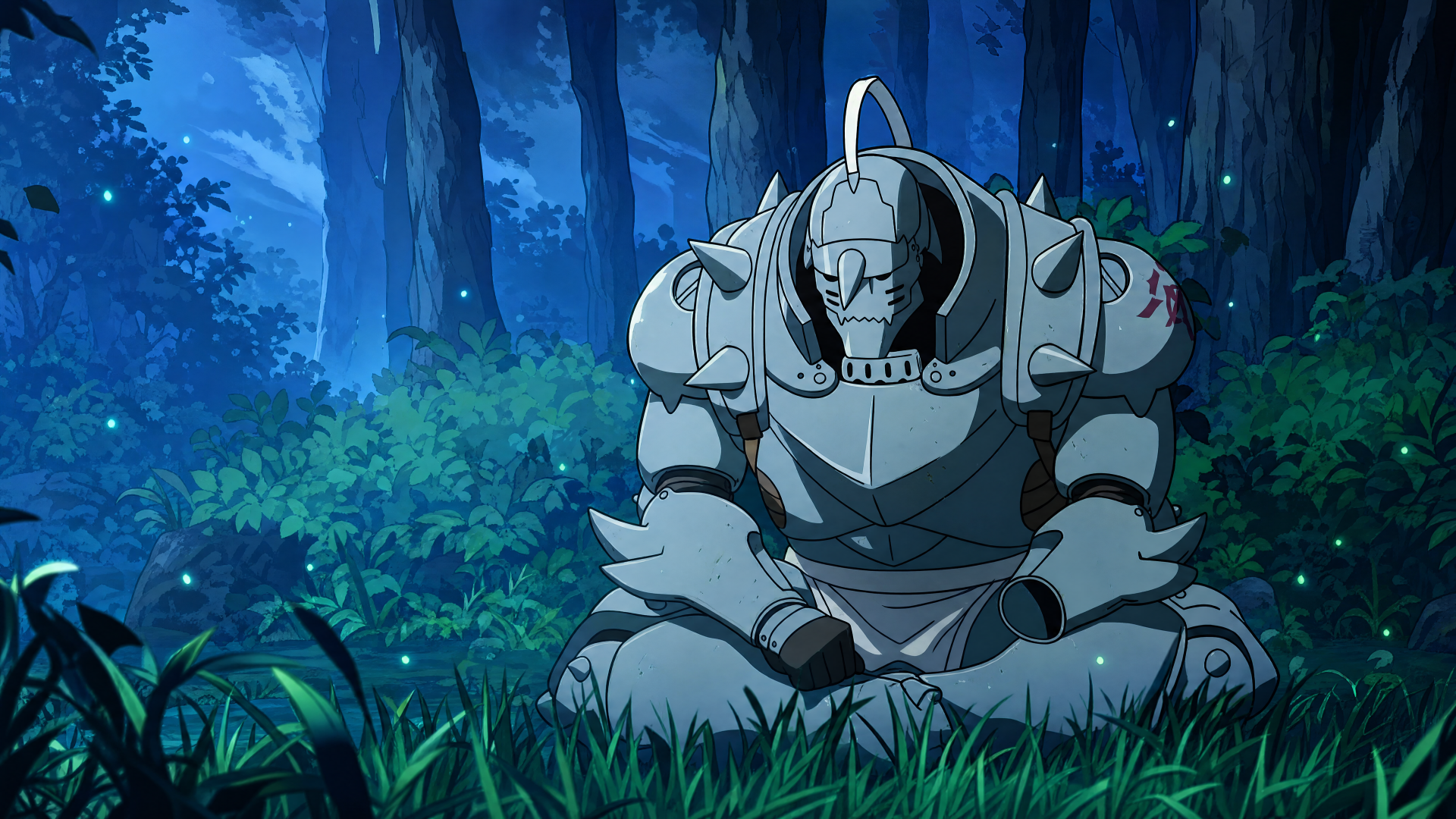 Alphonse Elric's armored form sits cross-legged, head bowed amid a moonlit forest, surrounded by lush foliage — 4K Ultra HD PC desktop wallpaper and background.
