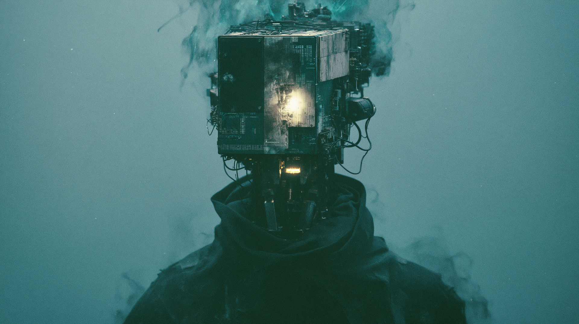 Sci-Fi robot machine cyborg with a boxy mechanical head and glowing core emerging from mist — 2K Quad HD PC desktop wallpaper background.