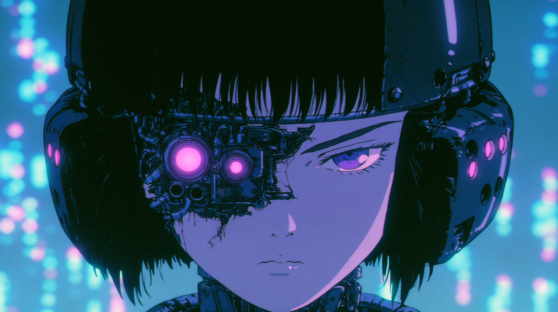 Sci-fi anime cyborg girl with dark bob, glowing purple ocular implant and headset, neon bokeh background — 2K Quad HD PC desktop wallpaper.