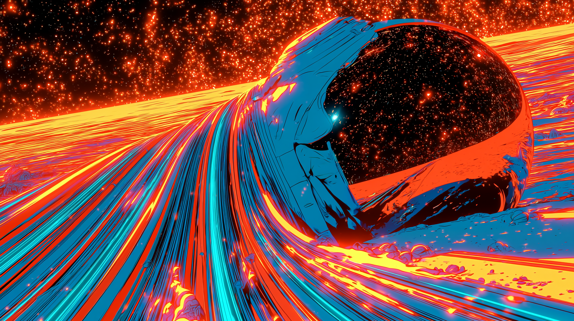 Artistic 2K Quad HD PC desktop wallpaper: abstract astronaut helmet as a glowing sphere streaming neon blue, orange and red cosmic streaks.