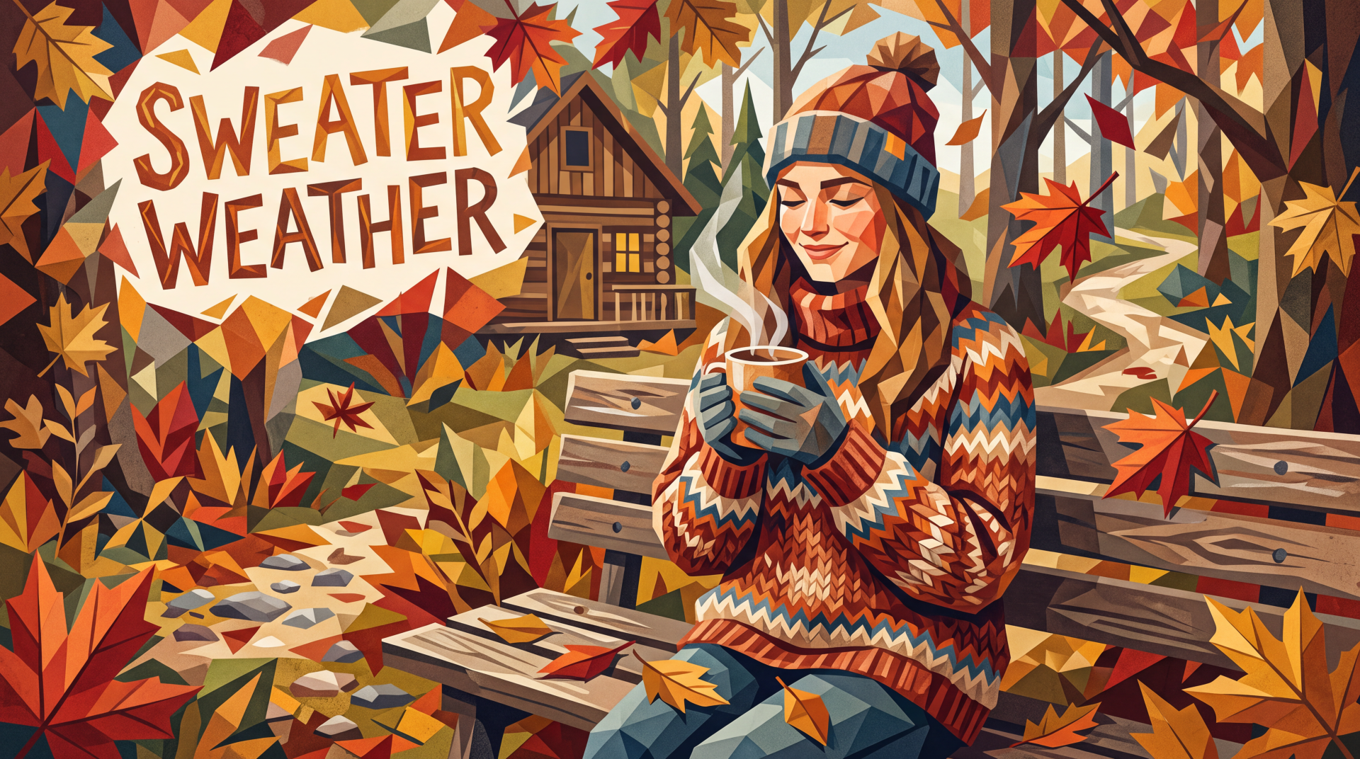 Illustrated autumn 5K Ultra HD PC desktop wallpaper: a woman in a patterned sweater and beanie holds a steaming mug on a bench amid falling leaves, cabin and a Sweater Weather sign.