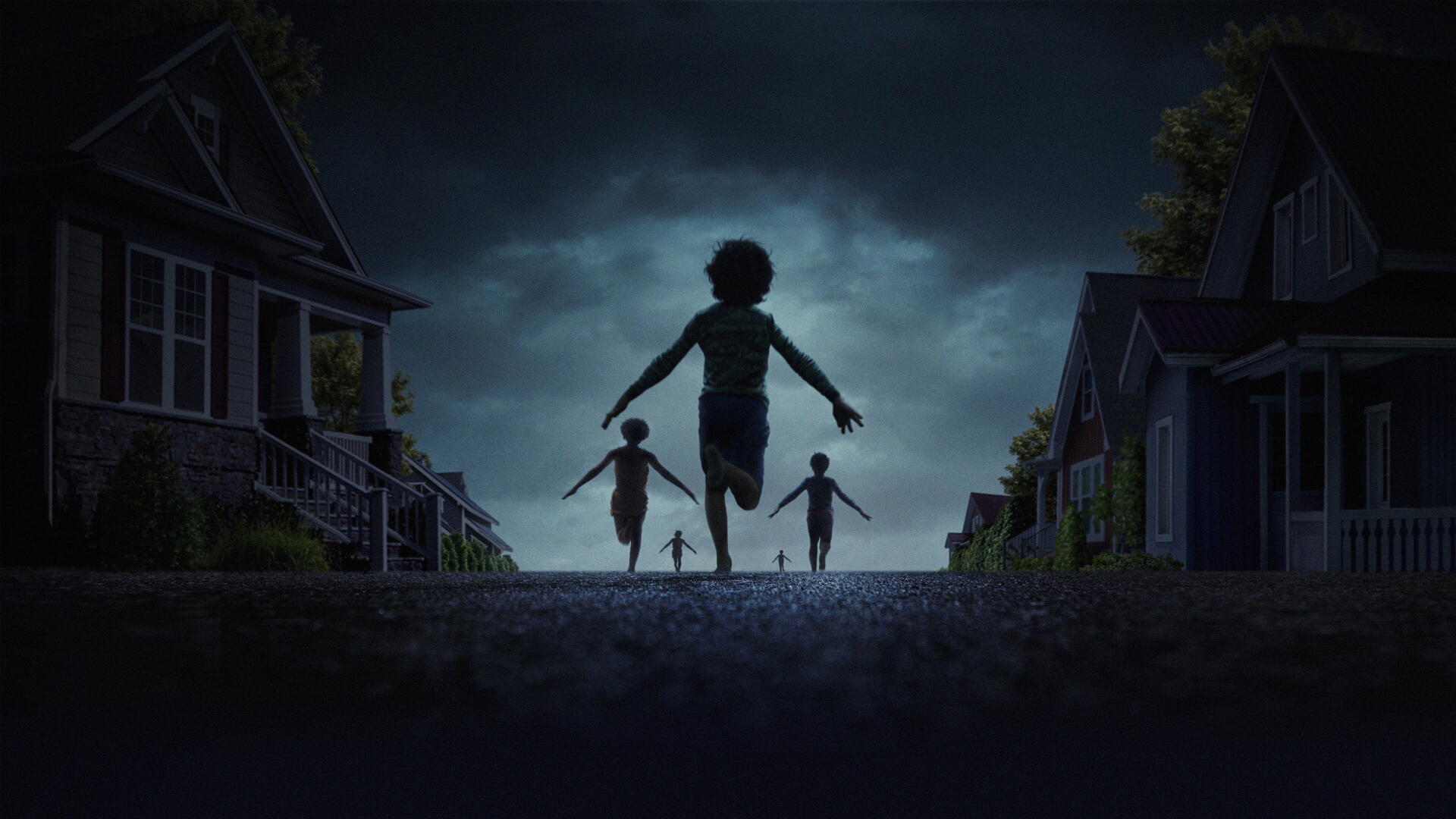 4K Ultra HD PC desktop wallpaper: three silhouetted children run down a suburban street at night, one holding a weapon beneath stormy clouds.