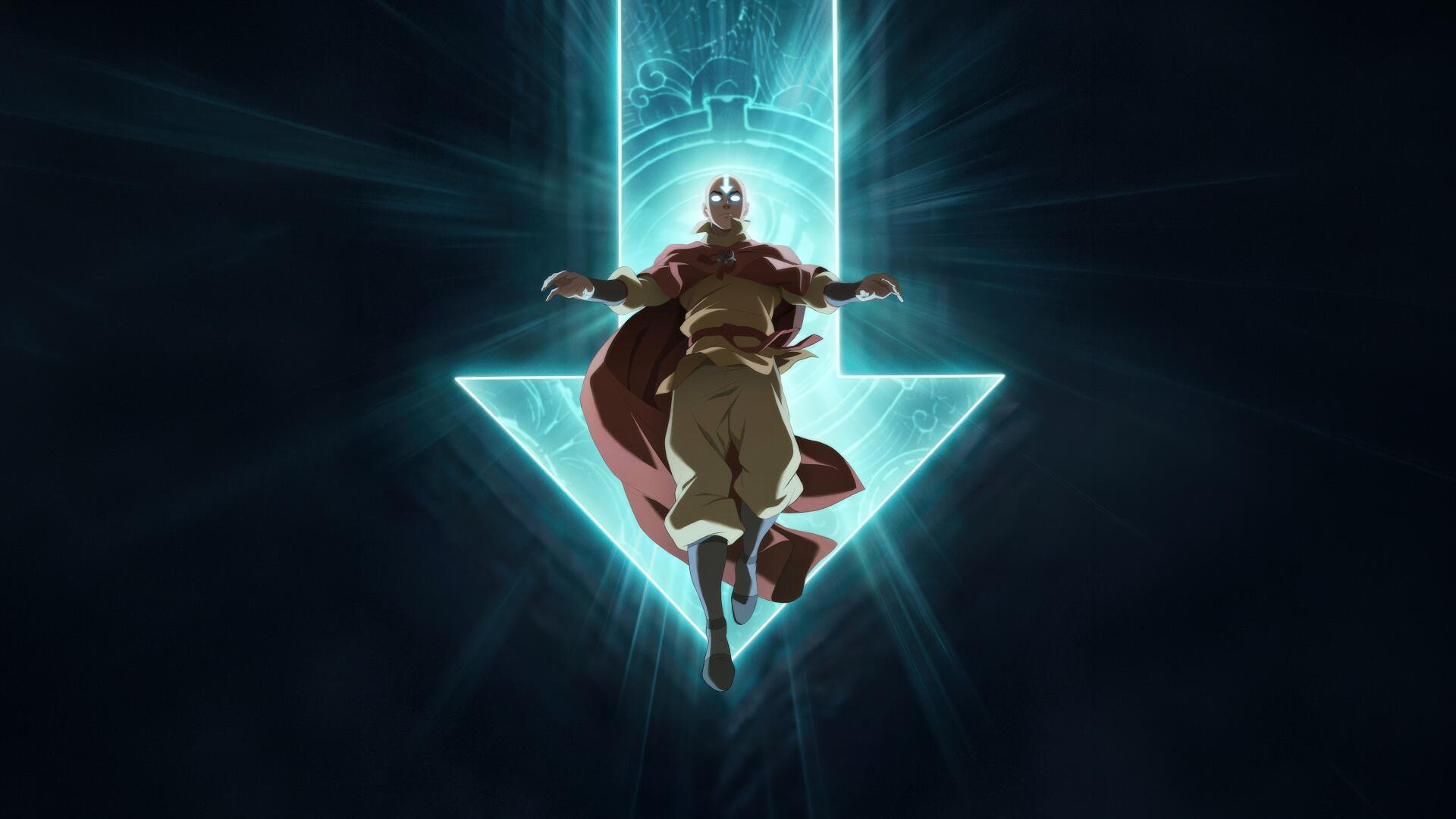 Aang from Avatar: The Last Airbender anime, floating with arms outstretched before a glowing blue Avatar arrow symbol — 4K Ultra HD PC desktop wallpaper/background.