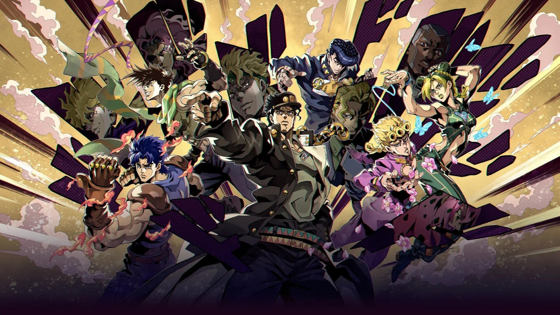 HD PC desktop wallpaper of JoJo's Bizarre Adventure: Stardust Crusaders — Jotaro Kujo centered with companions and Stands in dynamic poses against a dramatic comic explosion background.