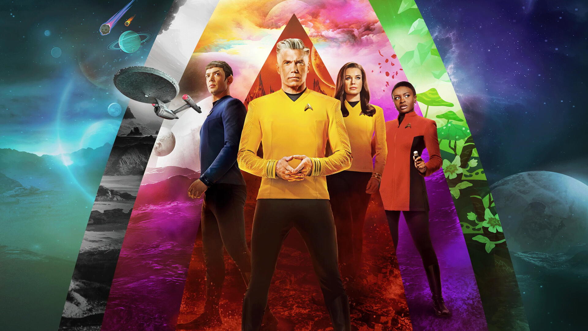 Star Trek: Strange New Worlds 4K Ultra HD PC desktop wallpaper and background: four Starfleet officers in colored uniforms posed before a glowing triangular nebula with the starship Enterprise.