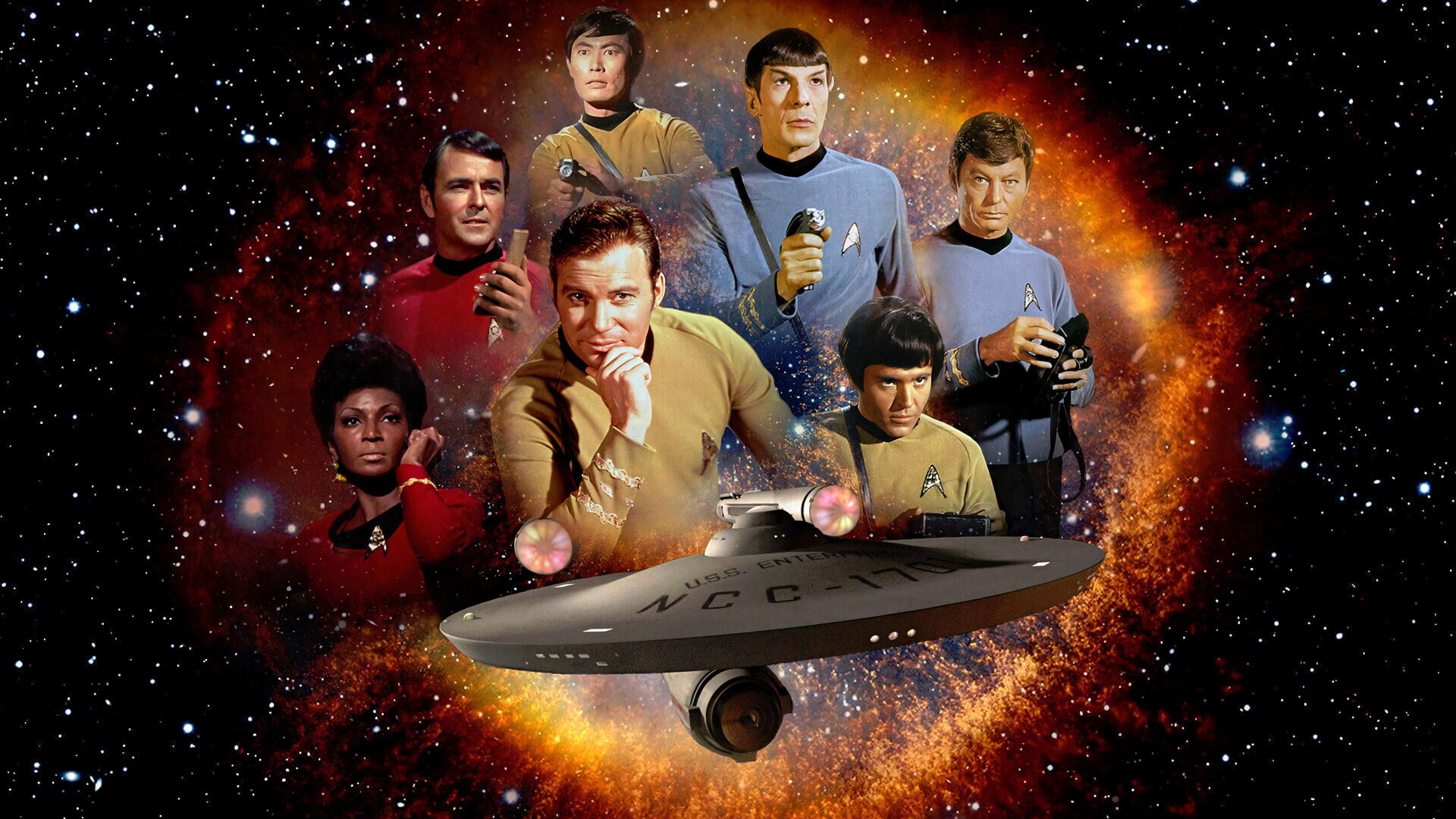 Star Trek 4K Ultra HD PC desktop wallpaper: Original Series bridge crew in classic uniforms clustered above the USS Enterprise, framed by a fiery nebula and distant starfield.