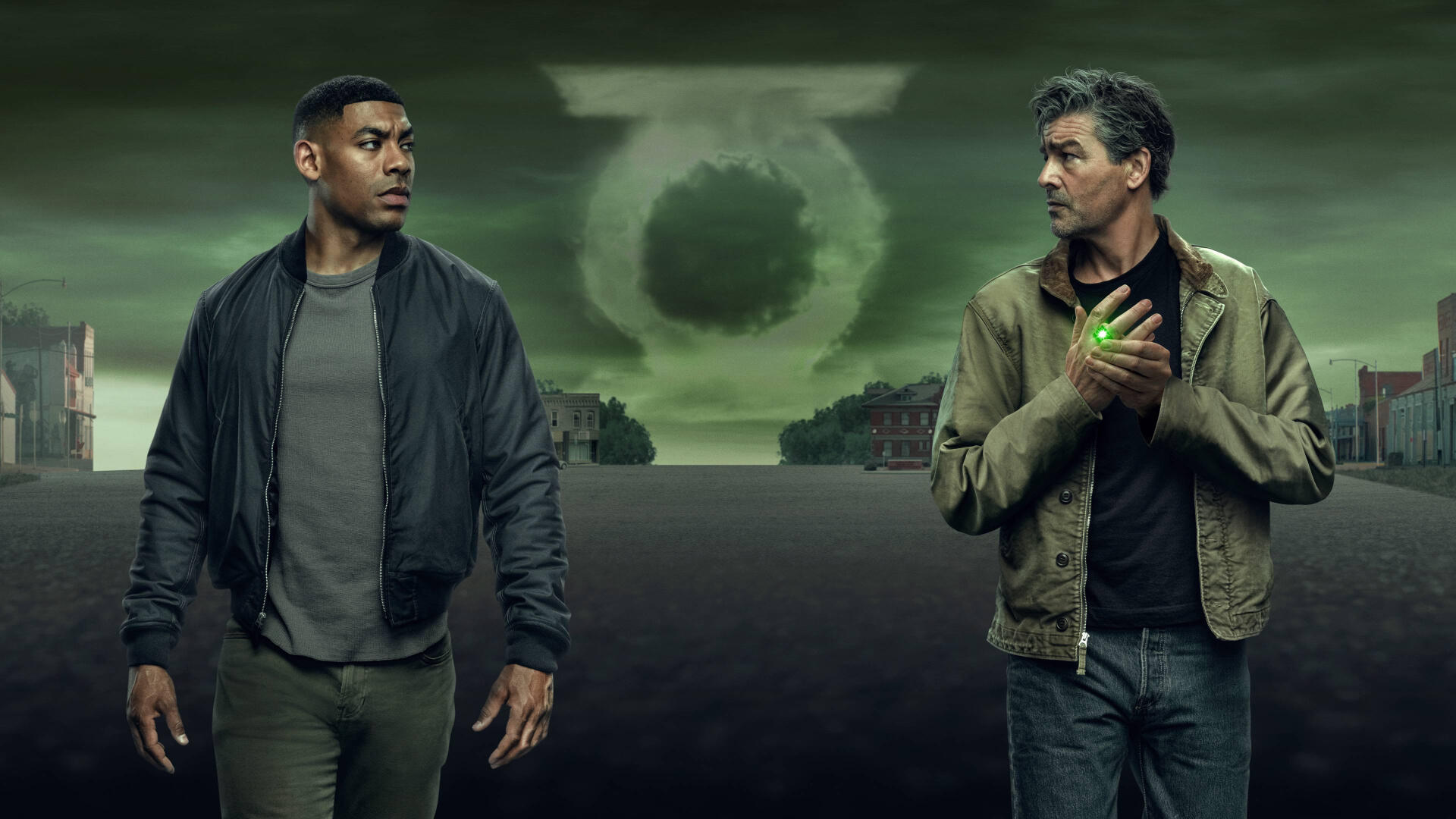 Lanterns (2026) — 4K Ultra HD PC desktop wallpaper and background: two men stand on a misty shoreline beneath a glowing circular light, green-tinted, moody sci-fi atmosphere.