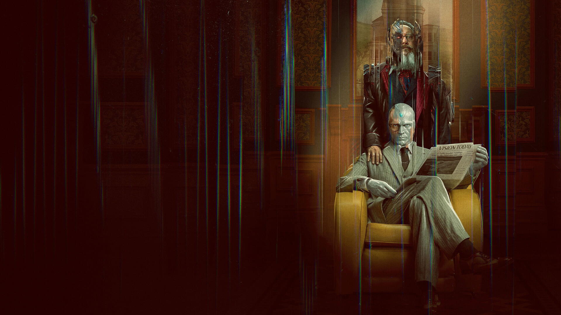 VisionQuest 4K Ultra HD PC desktop wallpaper: stylized scene of a seated older man reading a newspaper in a yellow armchair with a standing figure behind, moody vertical light streaks, warm tones.