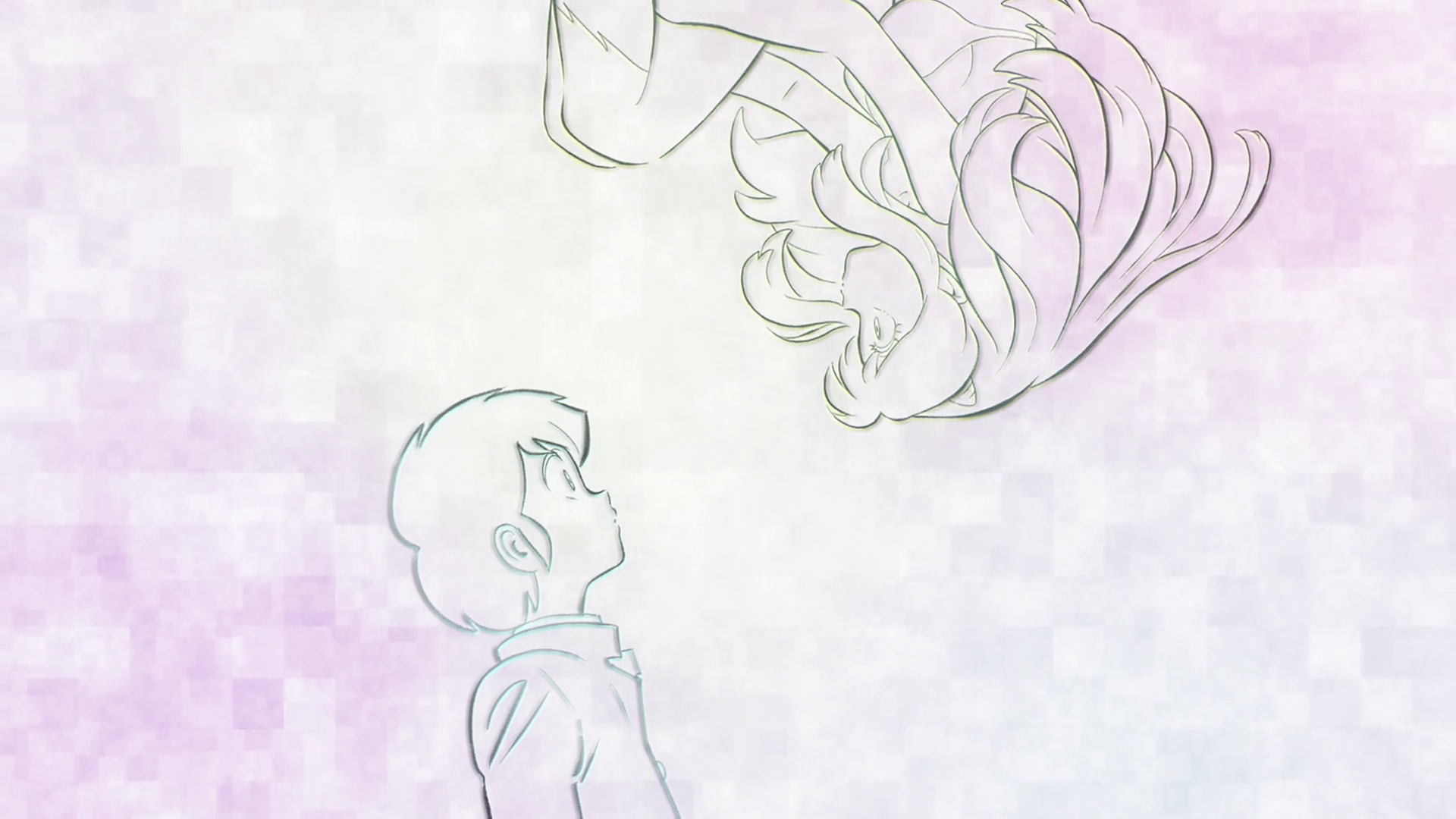 Soft pastel HD PC desktop wallpaper from Urusei Yatsura (2022) anime: Lum floats upside-down above a staring Ataru Moroboshi in delicate sketch outlines.
