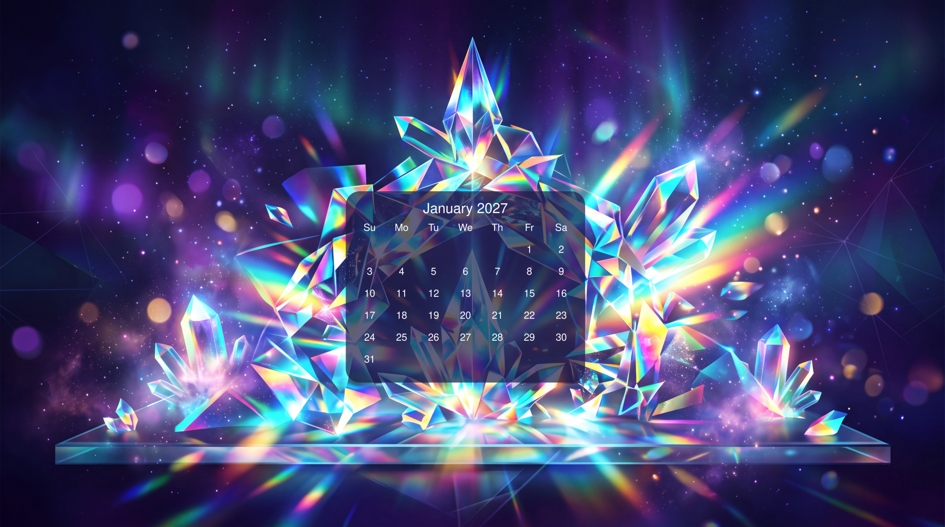 5K Ultra HD PC desktop wallpaper: January 2027 calendar framed by radiant multicolored crystal shards and aurora-like lights.