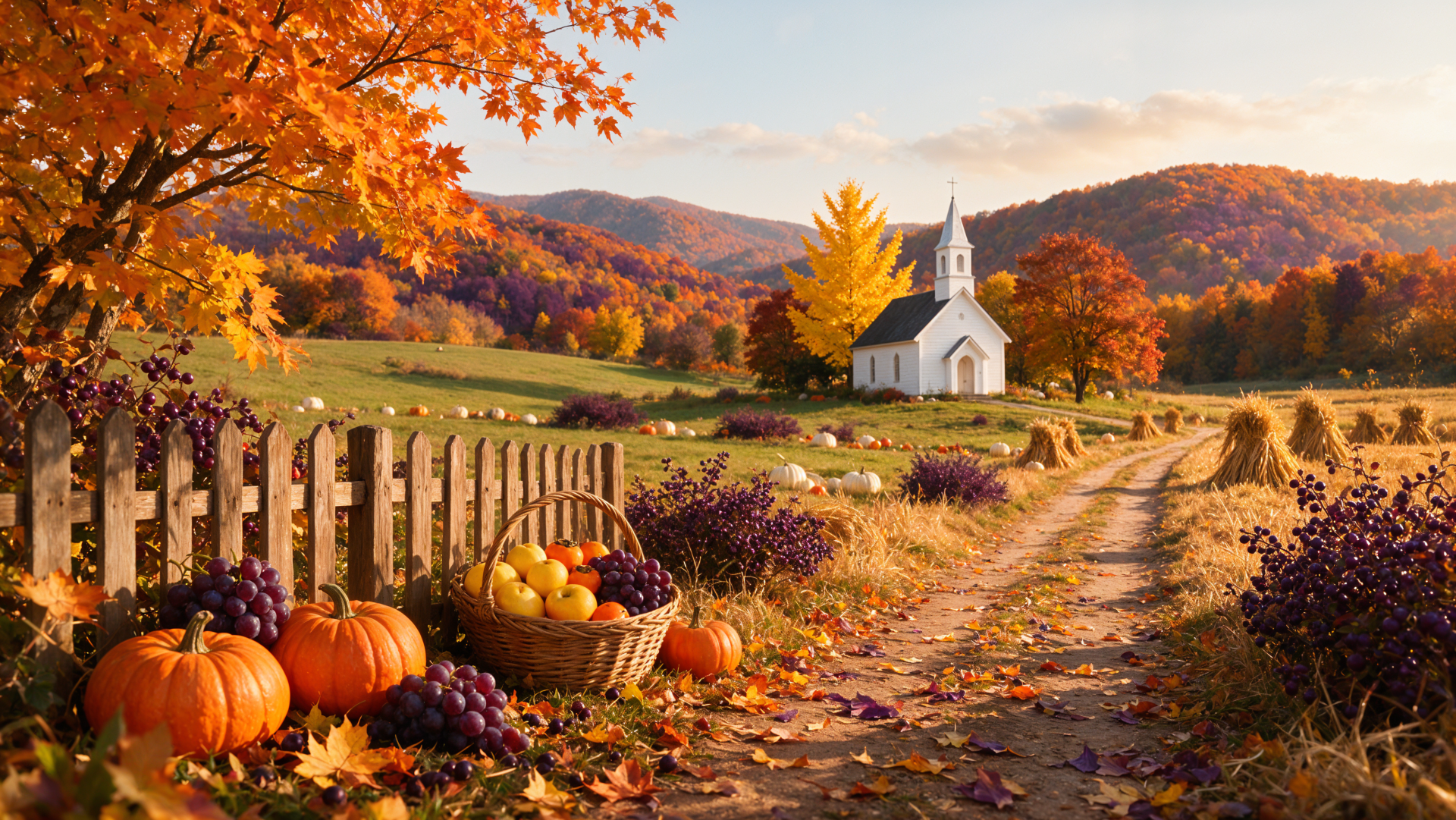 4K Ultra HD autumn aesthetic landscape: country church amid rolling hills, pumpkins and basket by a fence-lined dirt road, golden Autumn foliage — PC desktop wallpaper/background.