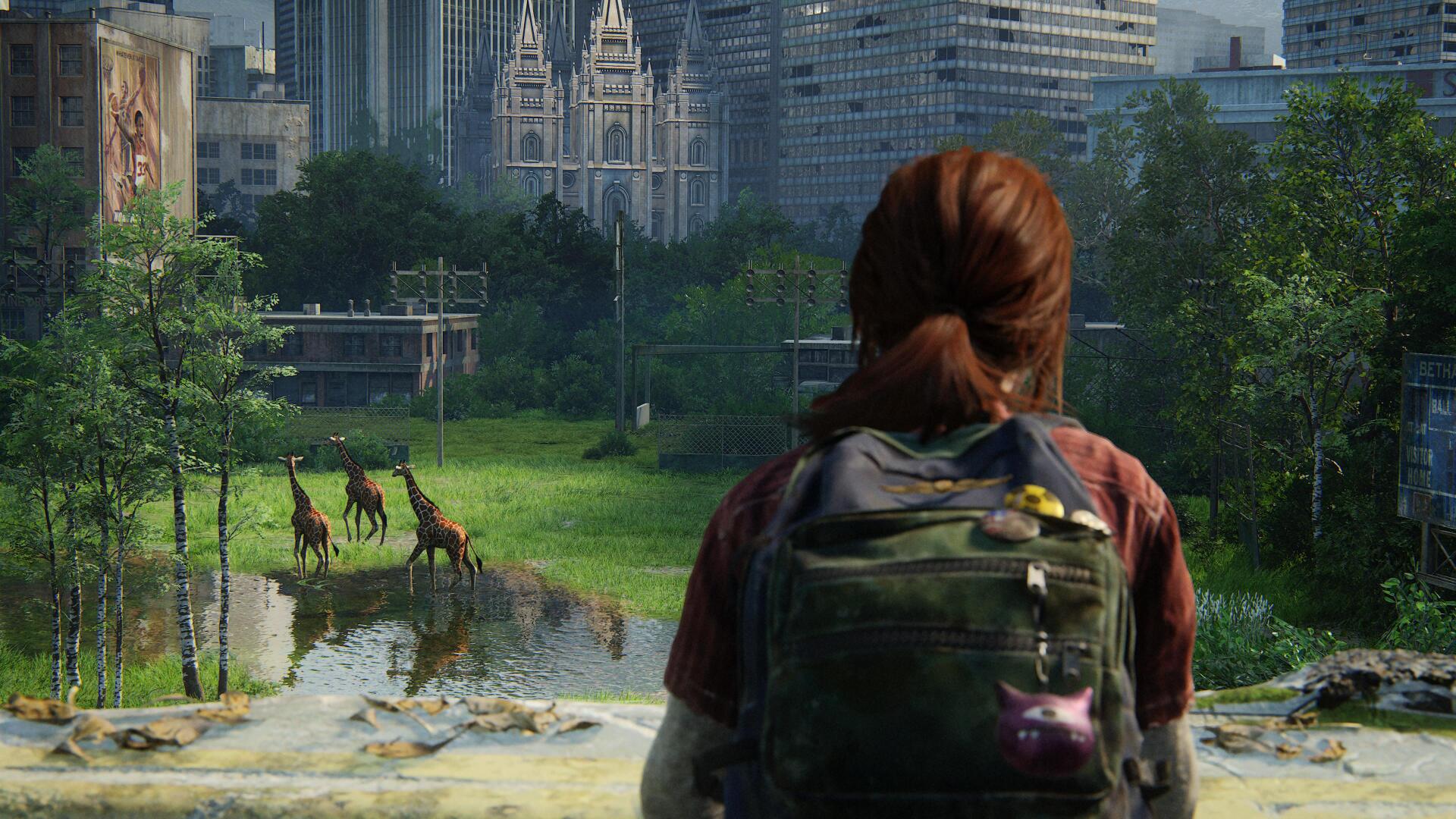 Ellie from The Last of Us (The Last of Us Part I; The Last of Us: Left Behind) watches deer in a reclaimed city — 4K Ultra HD PC desktop wallpaper/background.