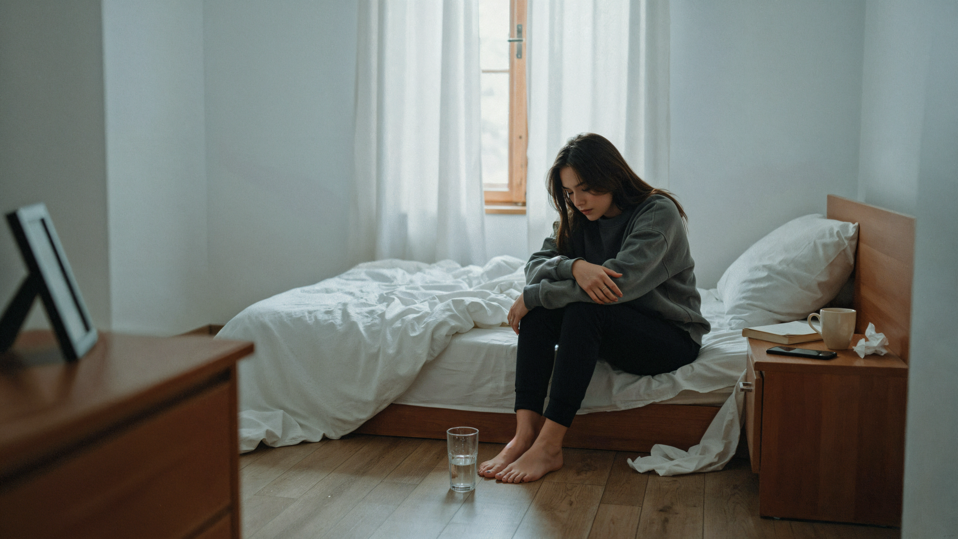 4K Ultra HD PC desktop wallpaper of a woman sitting on a bed in a minimalist bedroom, head bowed, glass of water at her feet — a quiet portrayal of depression.