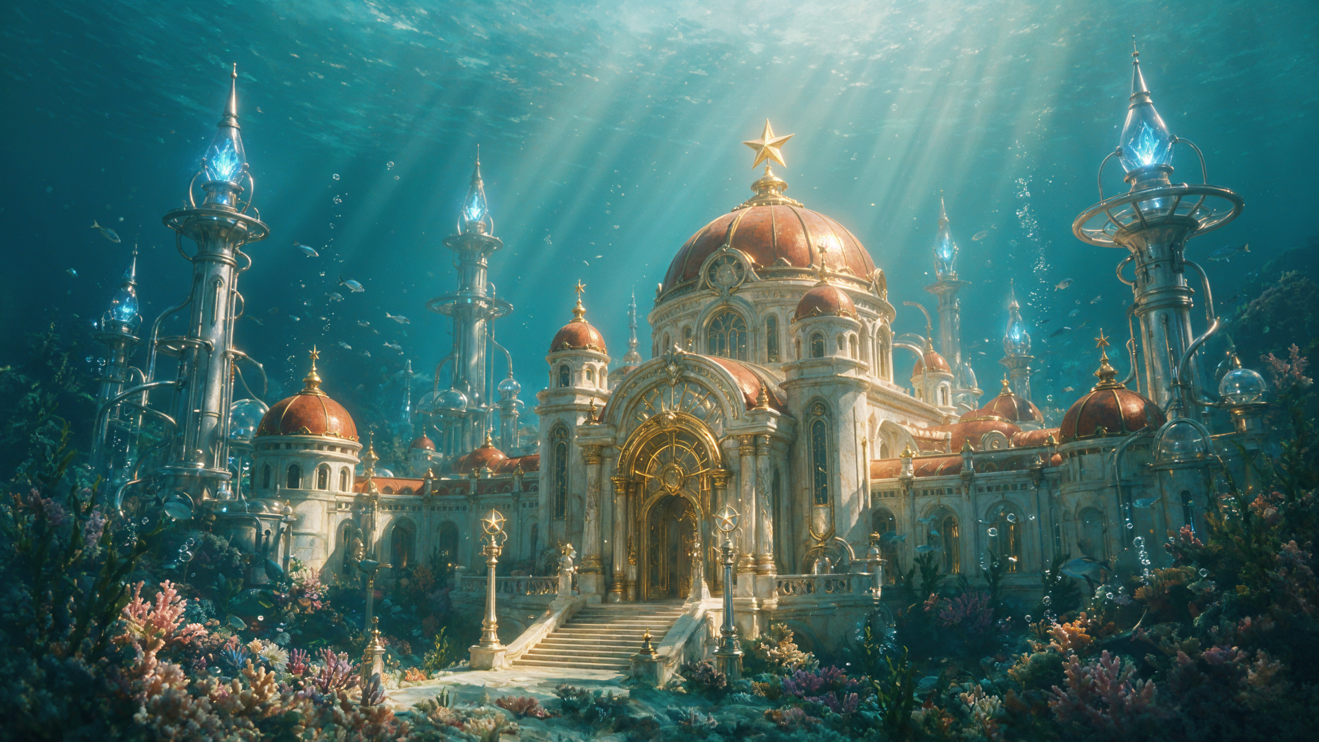 4K Ultra HD PC desktop wallpaper background: a grand underwater palace-castle with golden domes, glass spires, coral gardens and shafts of light filtering through turquoise water.