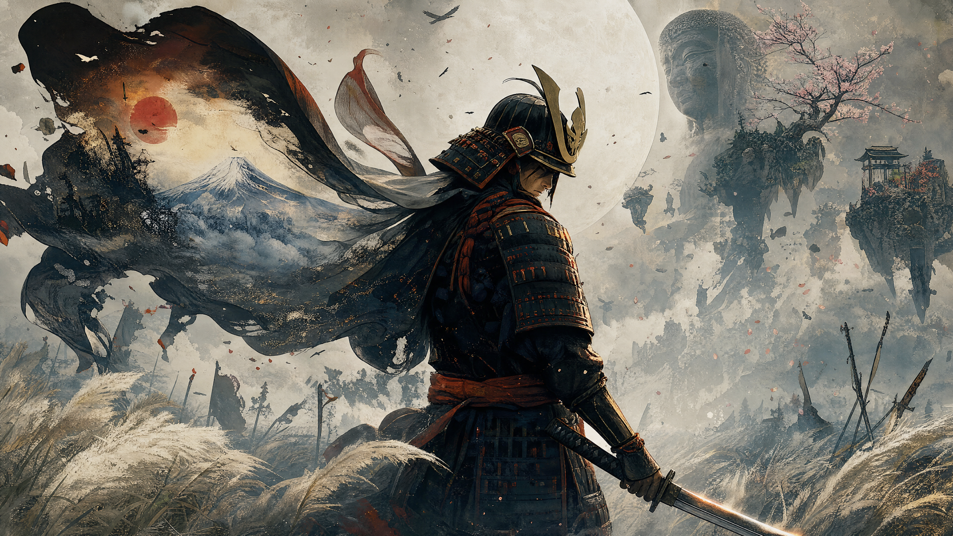 Sekiro: No Defeat — lone samurai warrior in battered armor holds a katana amid misty, war‑ravaged fields with a tattered banner and distant stone Buddha; 4K Ultra HD PC desktop wallpaper.