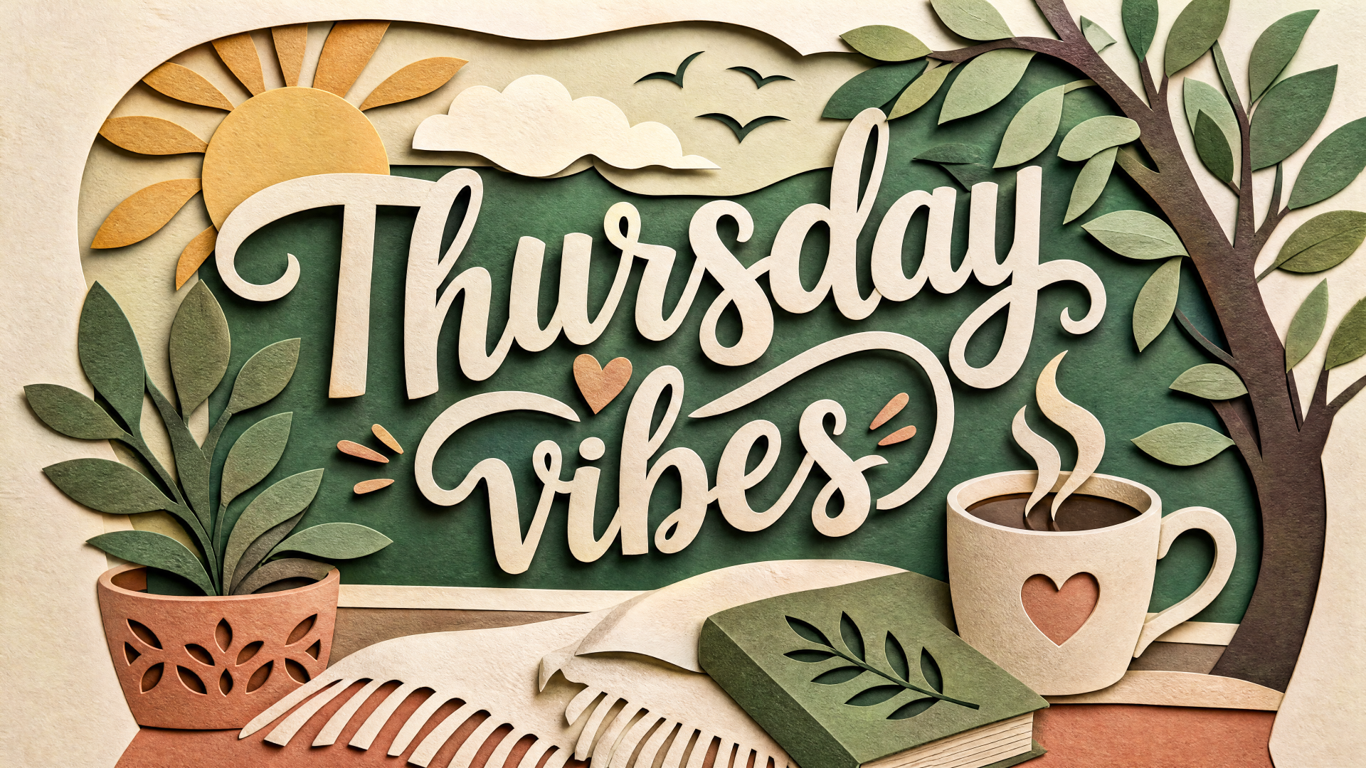 4K Ultra HD PC Desktop Wallpaper and Background: papercraft lettering Thursday vibes with sun, steaming cup, potted plants and a book in warm, cozy tones.