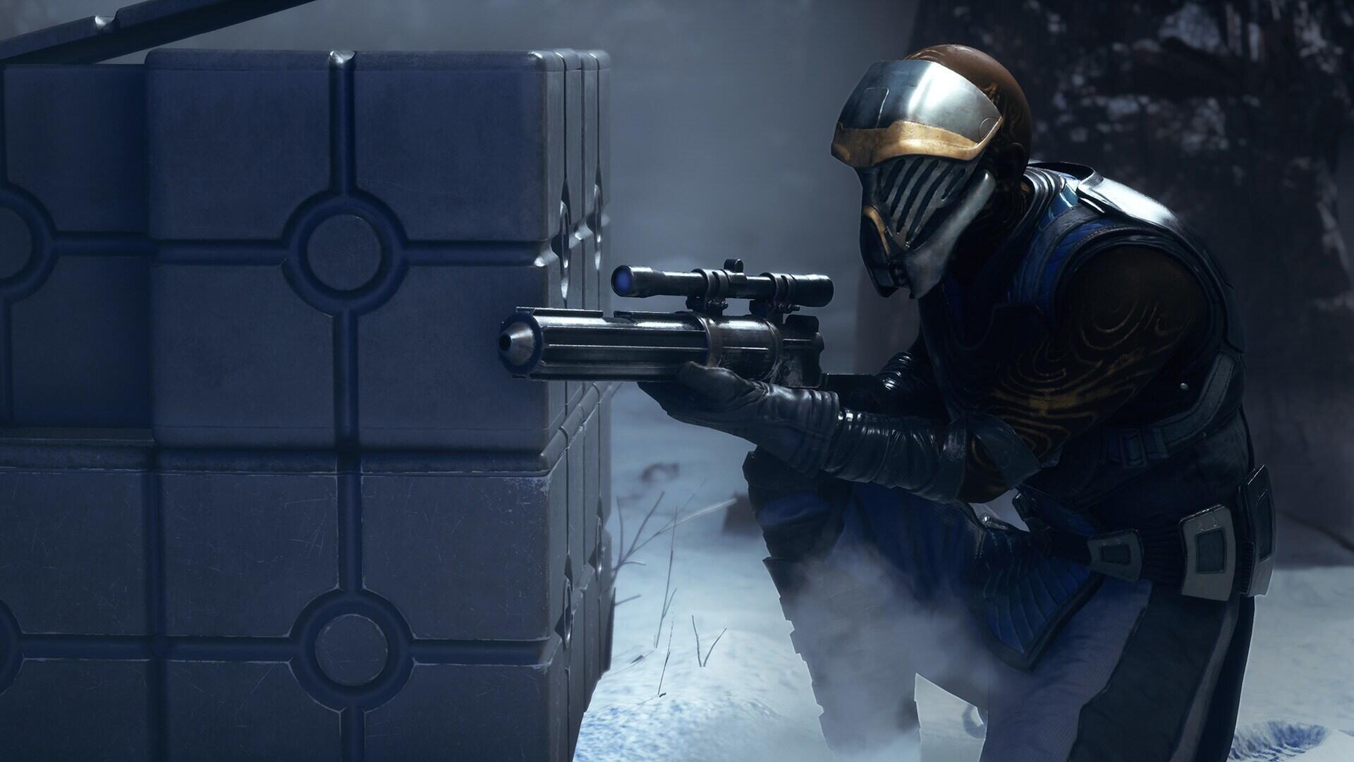 HD PC desktop wallpaper from the video game Star Wars: Zero Company — an armored soldier crouches behind a crate, aiming a scoped rifle in a snowy, industrial Star Wars scene.