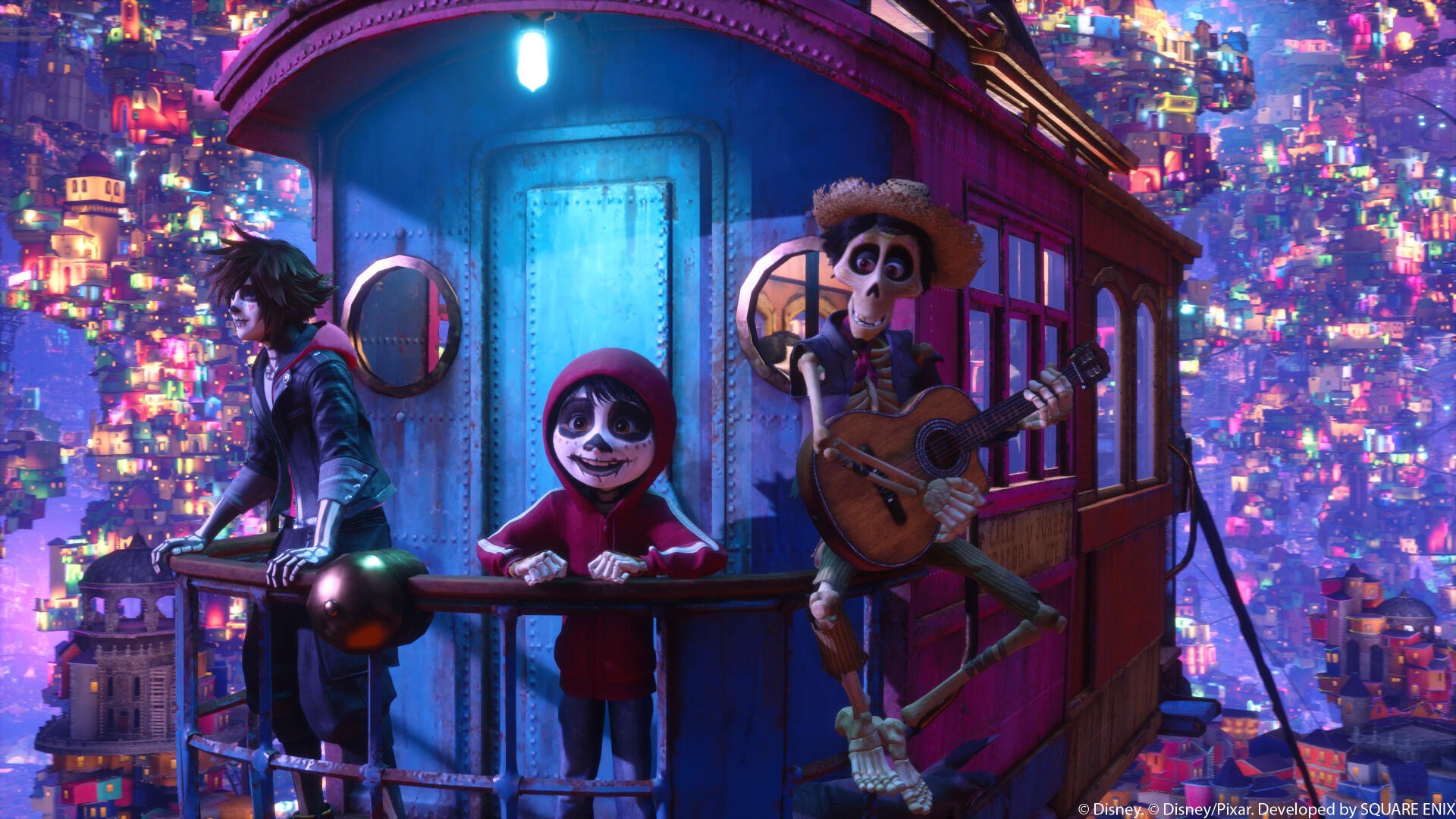 4K Ultra HD Kingdom Hearts IV PC wallpaper: vibrant city night scene with a skeleton guitarist, a hooded child and companions riding a colorful trolley — video game Kingdom Hearts imagery.