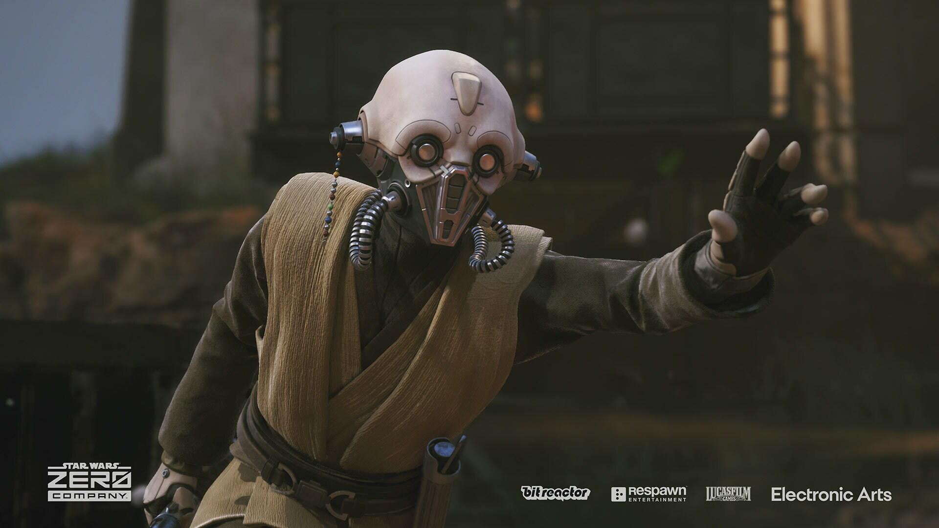 HD PC desktop wallpaper from the video game Star Wars: Zero Company — Tel-Rea Vokoss, a cyborg in robes and respirator, reaching forward across a war-torn landscape.