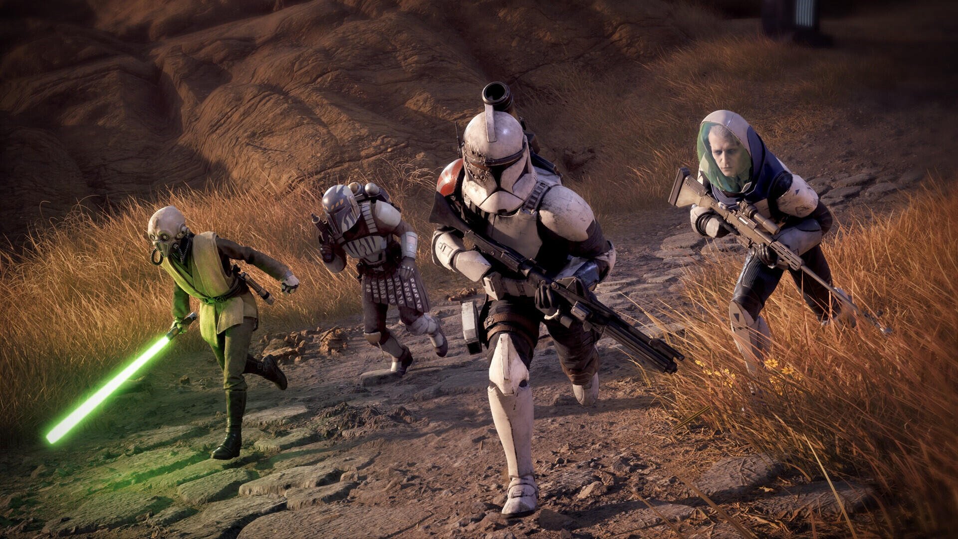 HD PC desktop wallpaper from the video game Star Wars: Zero Company showing a clone trooper and allies wielding lightsabers as they advance across a rocky field.