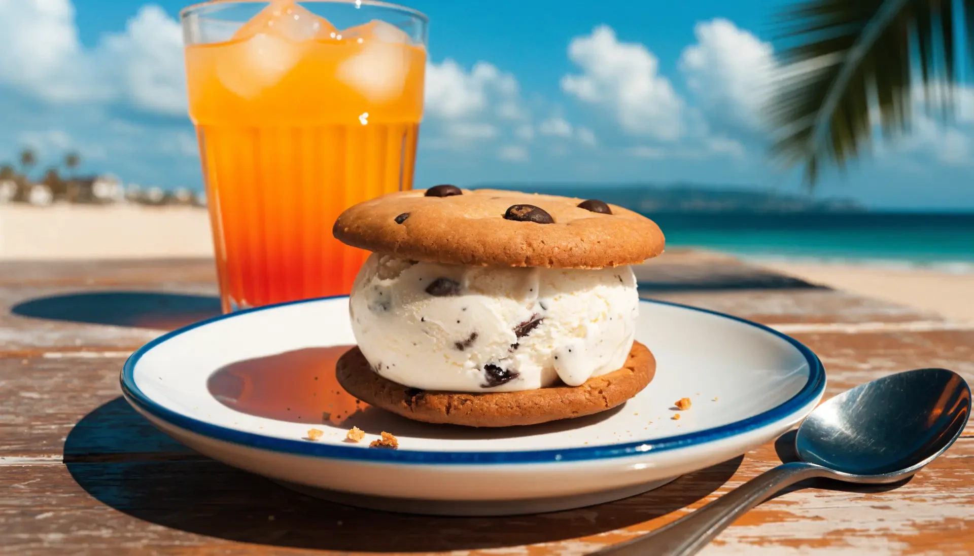 4K Ultra HD PC desktop wallpaper: chocolate-chip cookie ice cream sandwich on a plate beside a spoon and orange drink, sunlit tropical beach and palm frond in background.