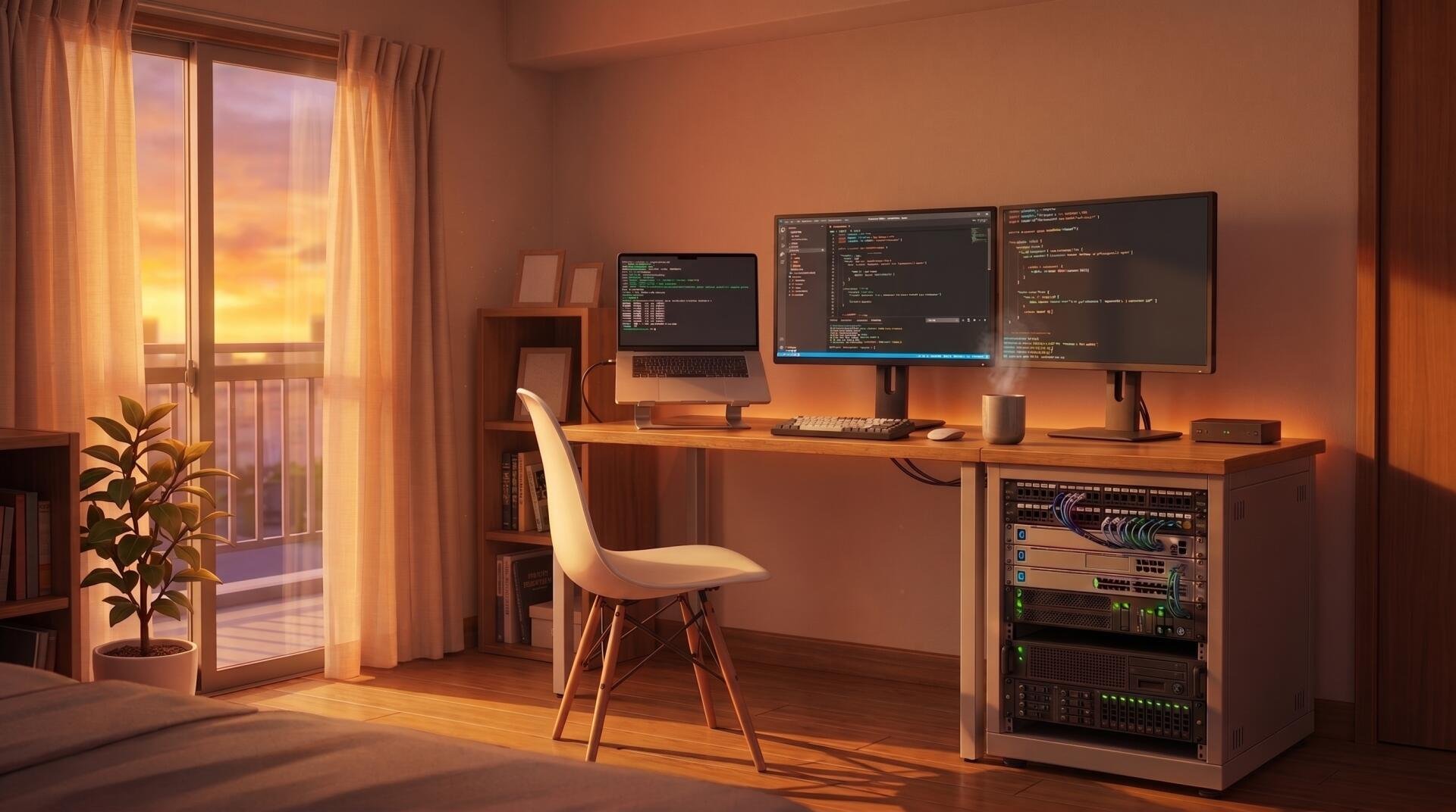 Sunset-lit developer room: dual monitors showing code, a server rack under the desk, plant by the balcony — 2K Quad HD PC desktop wallpaper background.