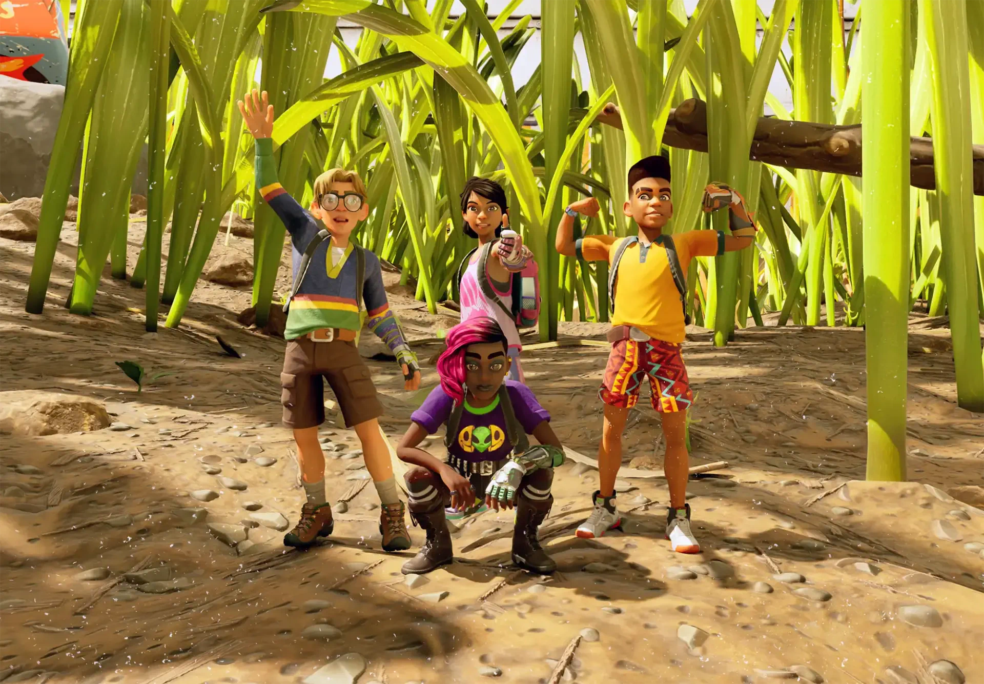 HD PC desktop wallpaper from video game Grounded 2 showing four cartoon children exploring a towering grass jungle, posing confidently among oversized blades and dirt.