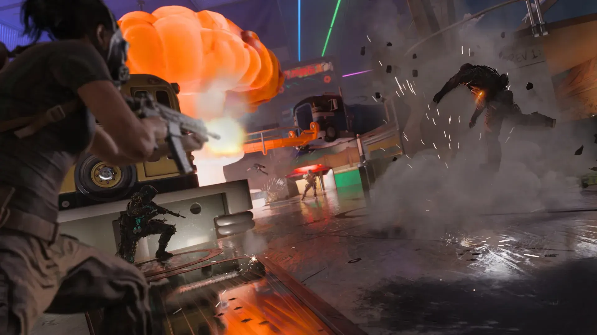 HD PC desktop wallpaper of Call of Duty: Black Ops 7 video game — soldiers trade gunfire as explosions erupt in a neon-lit, rain-soaked urban firefight.