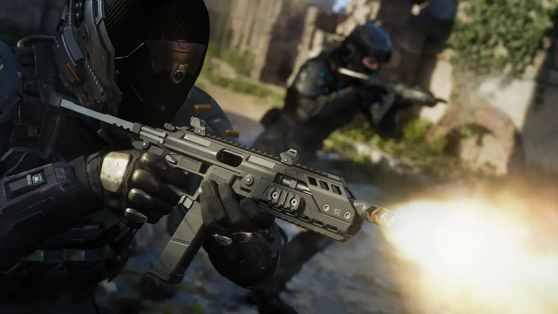 HD PC desktop wallpaper depicting Call of Duty: Black Ops 7 — masked soldiers in urban combat, close-up on a soldier firing a rifle.