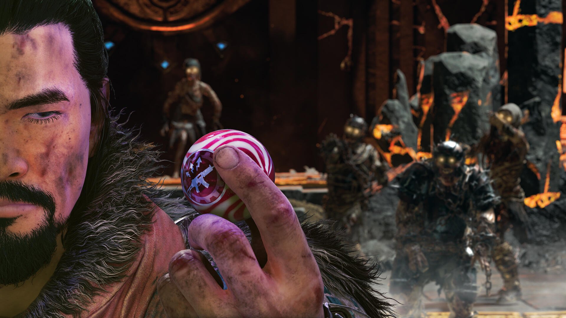 HD PC desktop wallpaper from the video game Call of Duty: Black Ops 7 — close-up of a grizzled operative holding a swirled lollipop as armored undead advance through a fiery battlefield.