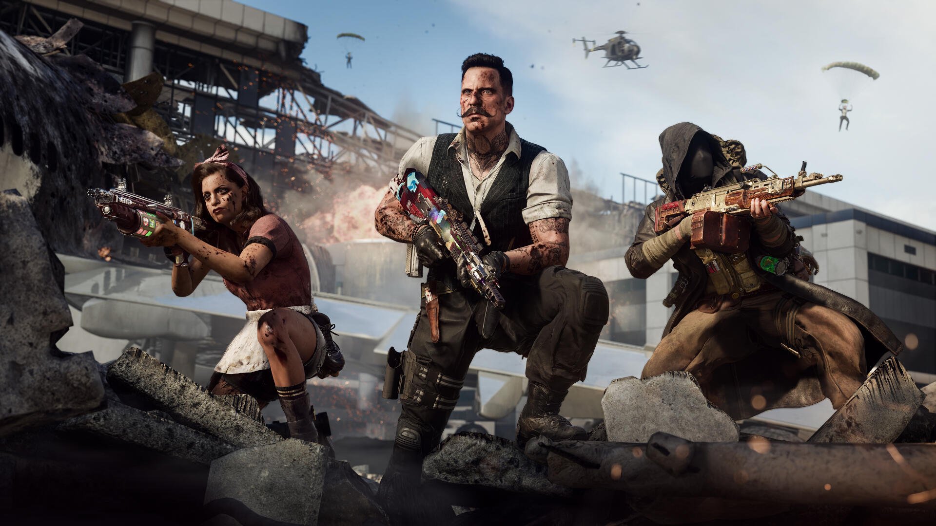4K Ultra HD PC wallpaper: three Call of Duty: Black Ops 7 soldiers kneel amid rubble, armed with rifles and tactical gear as helicopters and parachutes hover overhead.