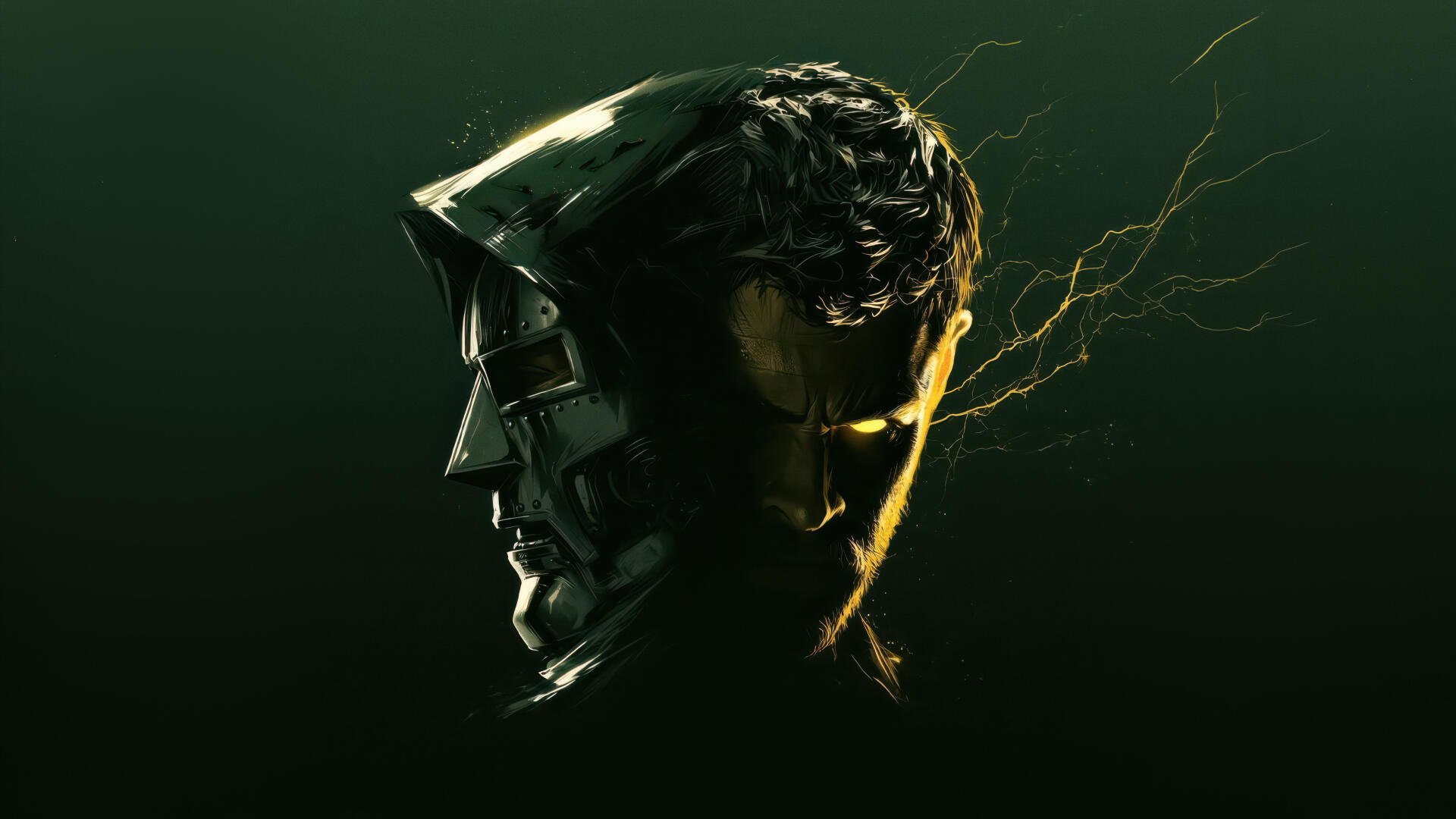 Avengers: Doomsday — 5K Ultra HD Avengers PC desktop wallpaper: split dark portrait, half armored mask and half human face with crackling yellow lightning on a deep green background