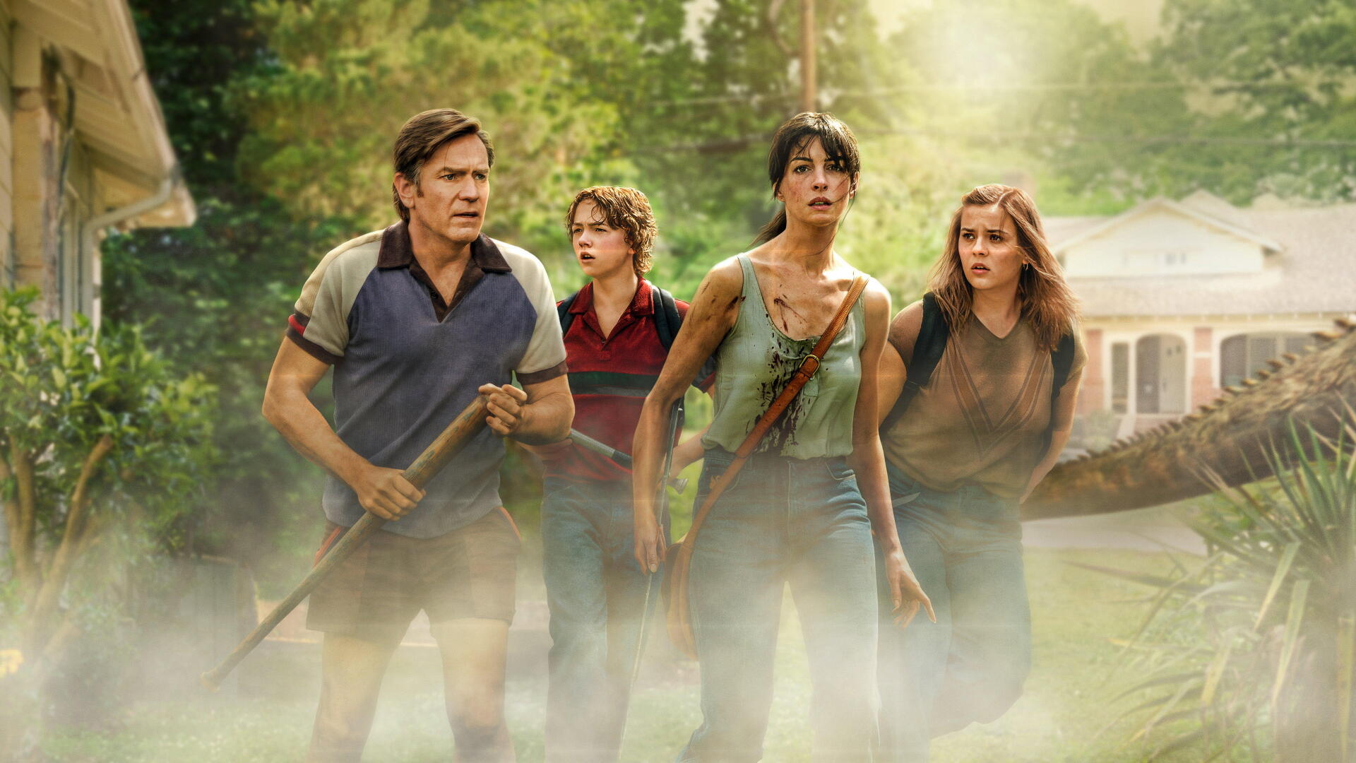 The End of Oak Street — four tense adults (man with a shovel, three women) stride through fog and fallen branches on a suburban street. 4K Ultra HD PC Desktop Wallpaper and Background