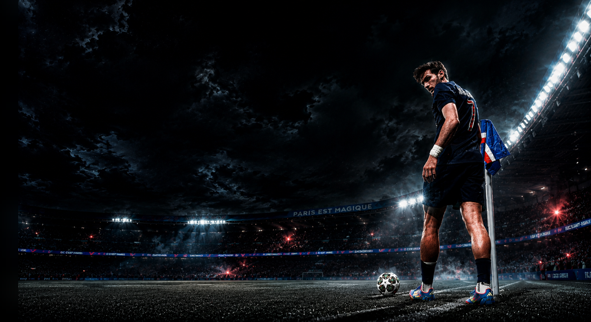 HD PC desktop wallpaper background: dramatic night soccer scene — player by the corner flag with a ball on an illuminated stadium pitch beneath stormy clouds.